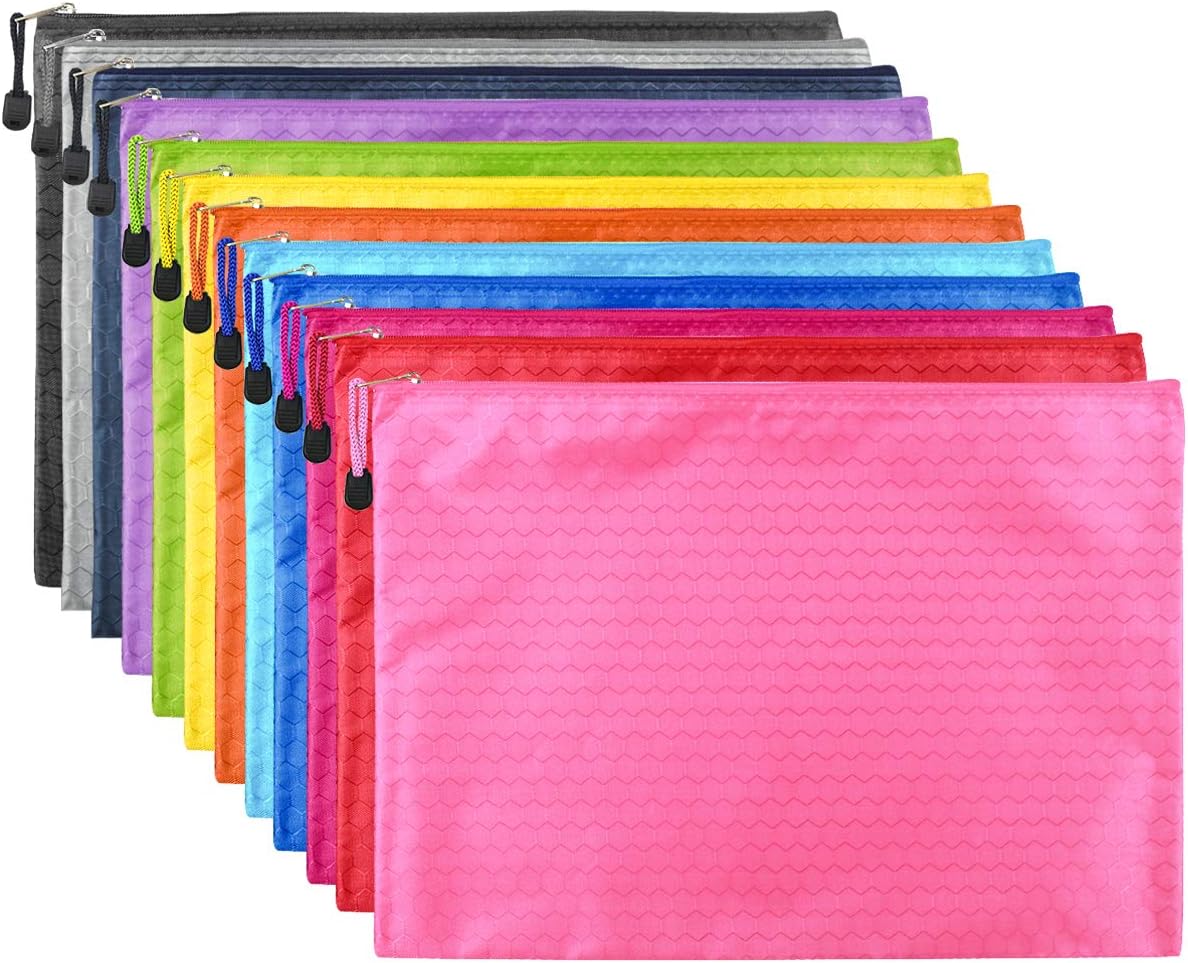 12pcs A4 File Folders, 34 * 24cm Hanging Document Wallet Folders Waterproof Project Pocket Folders Stationery Zippered Bags for Office Meeting Conference School Business