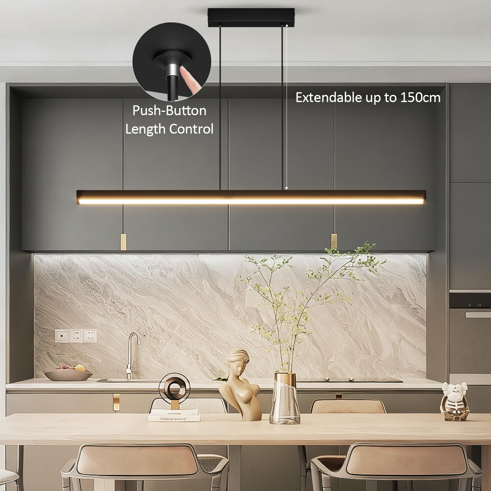 Luce a Sospensione LED, 100cm/36W, 3000K-6000K Tre Temperature di Colore Regolabili con Telecomando, Lampada Sospensione Lineare per Sala Da Pranzo, Soggiorno, Nero