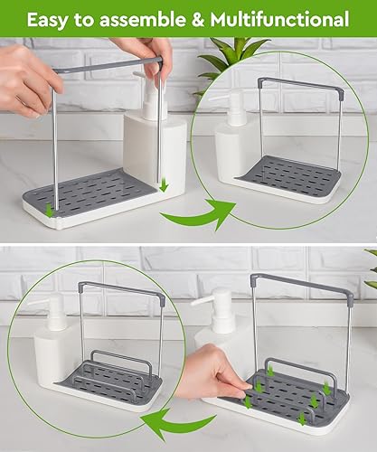 Miniatura 4 de Juego de Dispensador de Jabón para Manos y Platos con Bandeja, Dispensador de Jabón Doble con Soporte para Esponja y Soporte para Paños de Cocina,