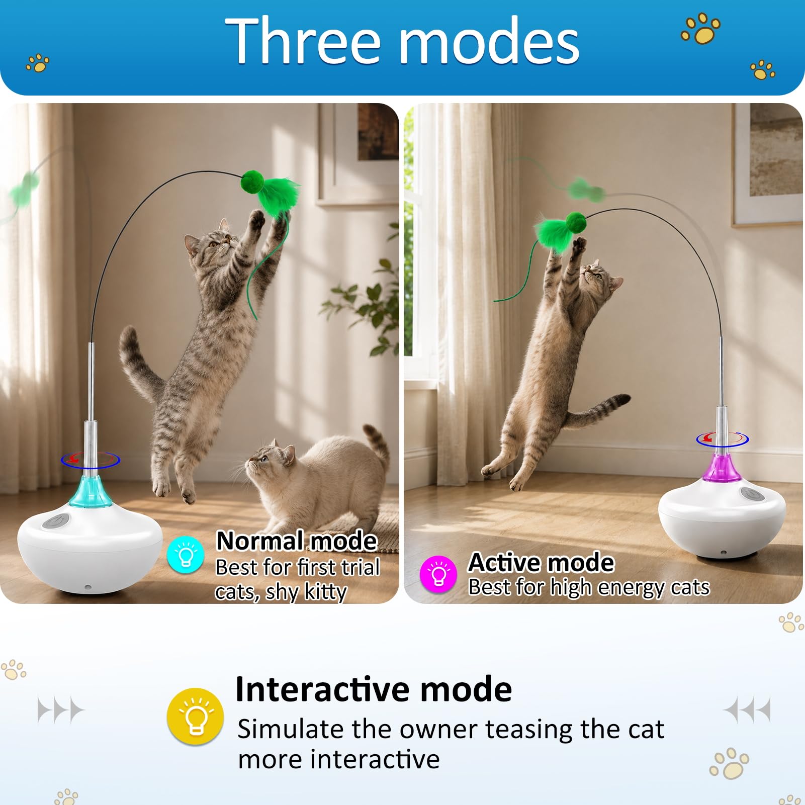 Juguete interactivo para gatos con activación táctil, cintas voladoras de giro automático, juguetes de plumas para gatos de interior, varita de palo de 26 pulgadas, recargable