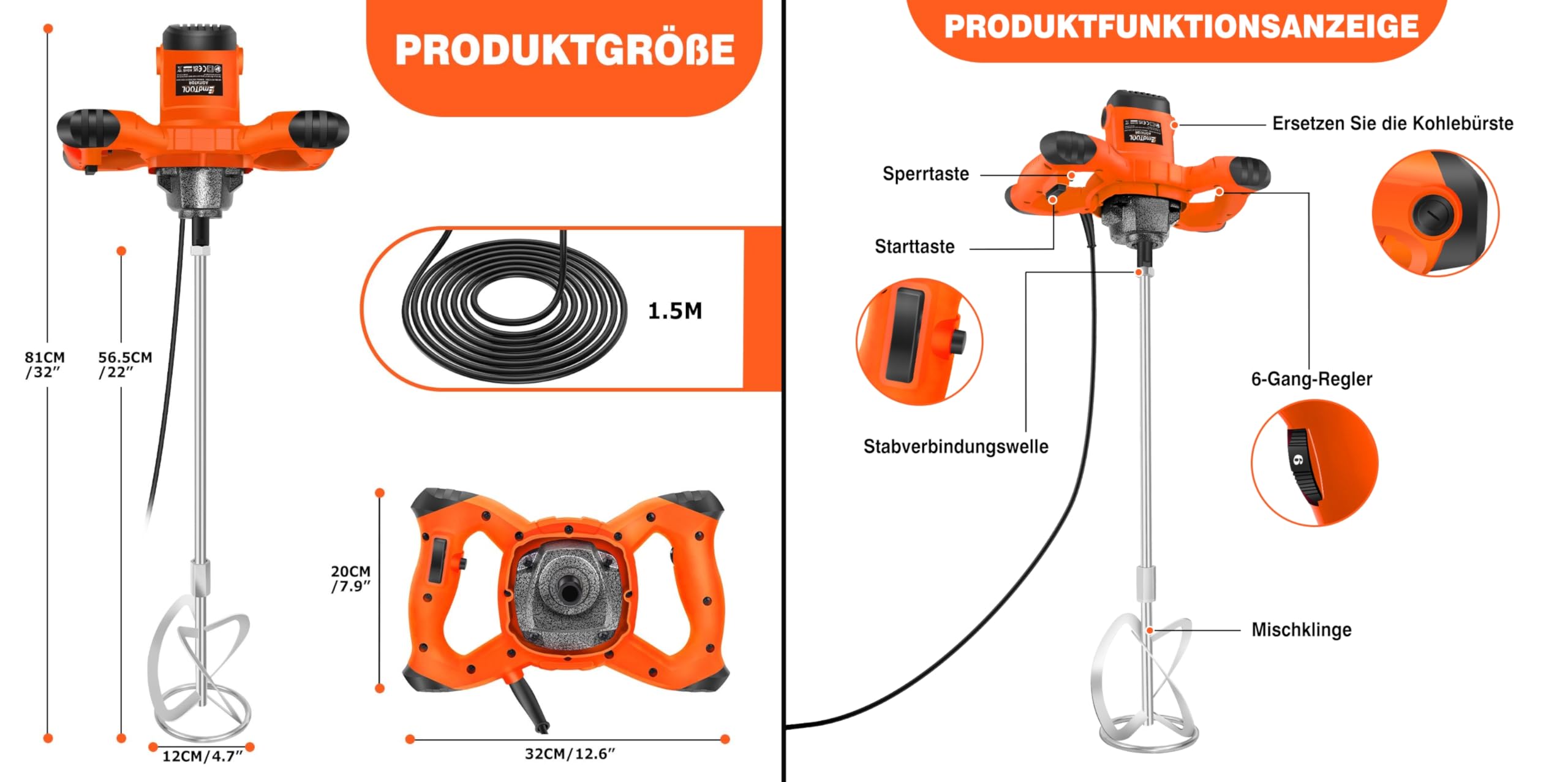 Mélangeur orange 2600 W pour peinture, béton, mortier, plâtre, colle et ciment, avec 6 vitesses, fonction de démarrage doux, interrupteur verrouillable, vitesse de rotation 0-1700 tr/min, avec