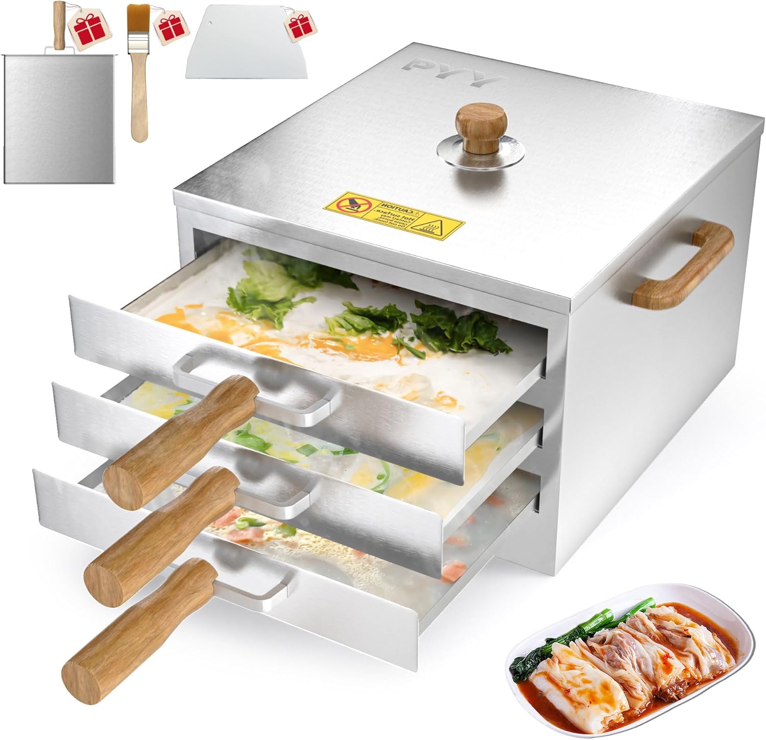 PYY Rice Noodle Roll Steamer Machine - 3 Layers 4 Trays Cantonese Cheung Fun Machine，Anti-scalding Handle Changfen Maker for Commercial and Home, Extra Stainless Steel Steam Tray and Wooden Handle