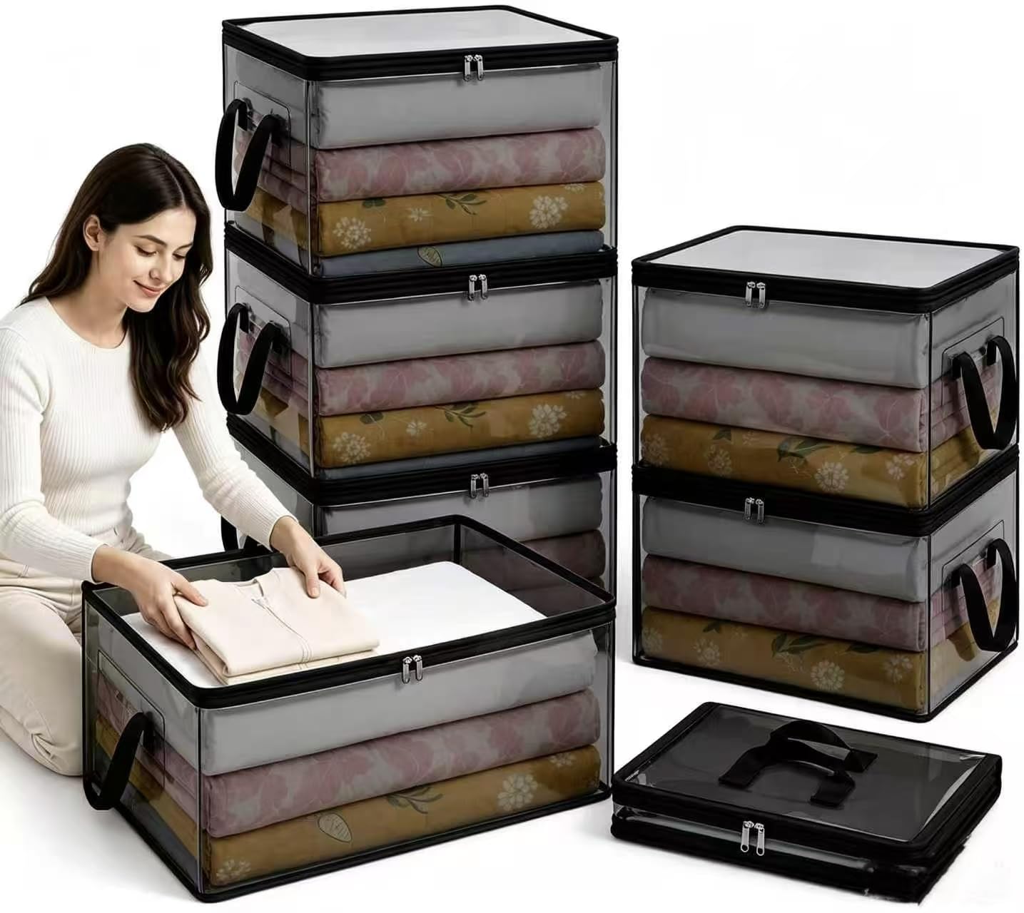 6 Pack Extra Large Moving Bags 60L Heavy Duty Storage Bins with Lids,Zippers & Reinforced Handles Foldable Plastic Storage Bags Moving Boxes for Closet Organizers and Storage(Black)