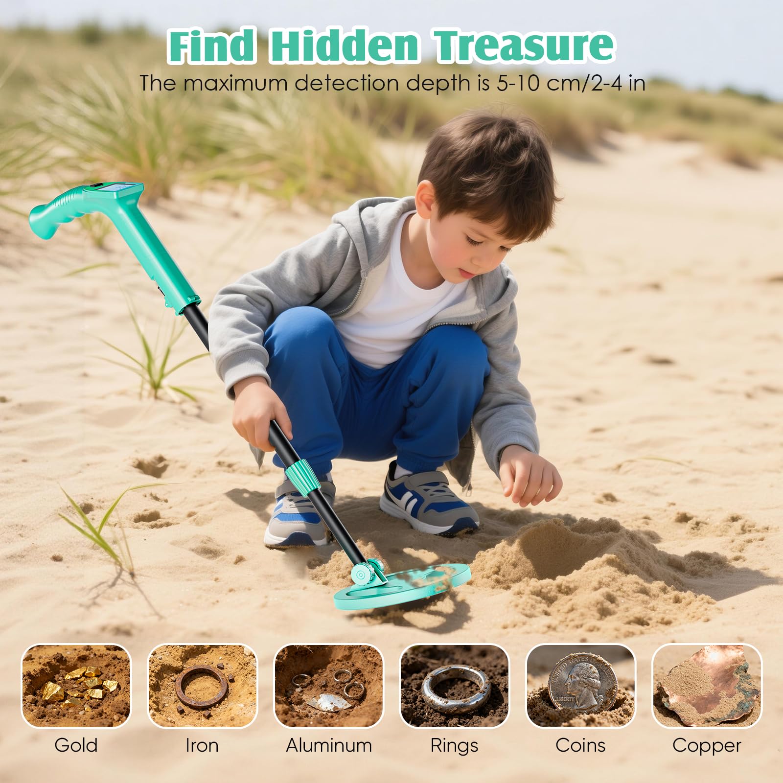 Metal Detector Bambini, Metal Detector per Bambino Leggero con Asta Regolabile 66-83 cm, Display LCD e Bobina di Ricerca Impermeabile, Pala, Rastrello, Setaccio e Borsa, Verde