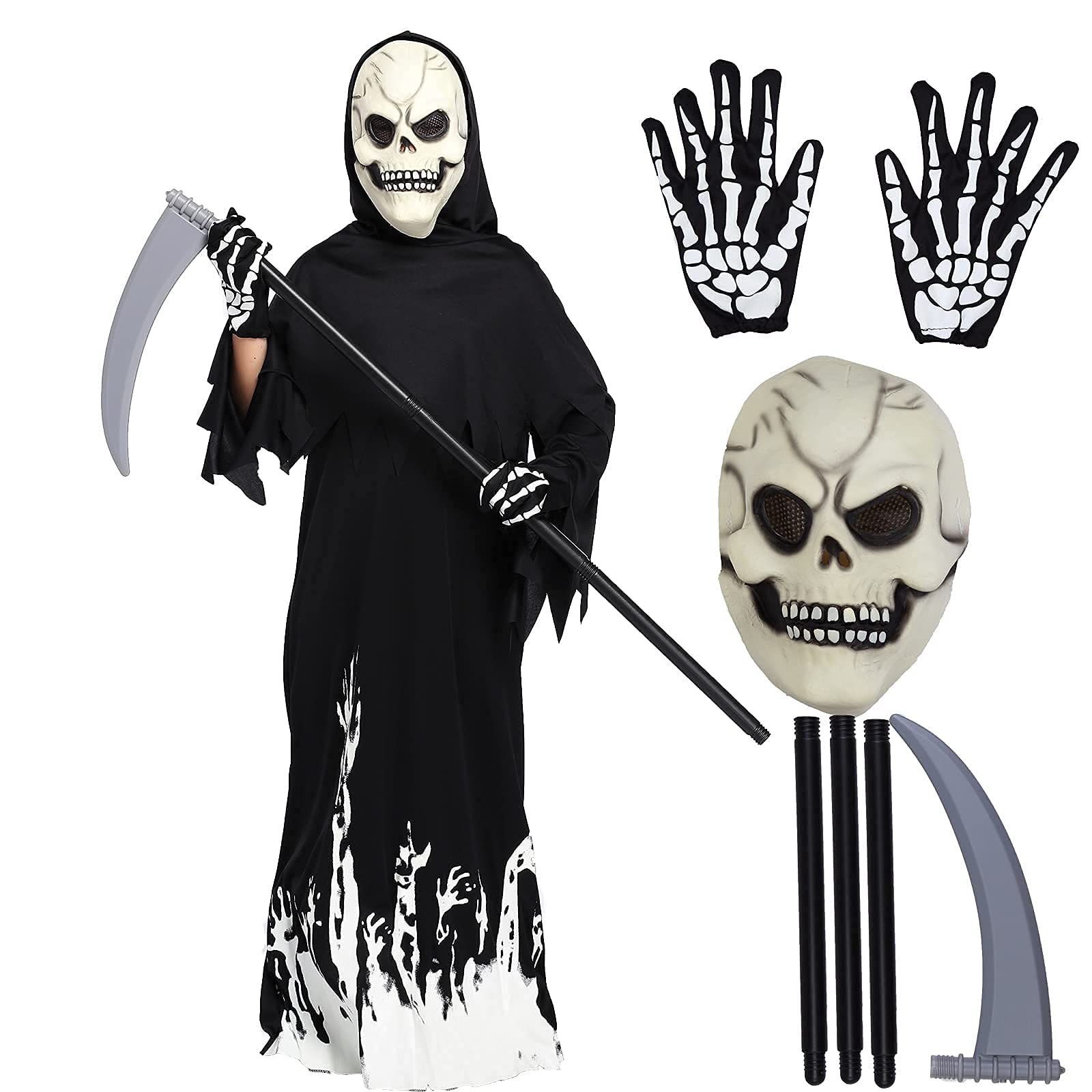 Halloween Grim Reaper Costume for Boys Kids , Glow in the Dark Halloween Phantom Costume with Scythe ,Skull Mask and Glove
