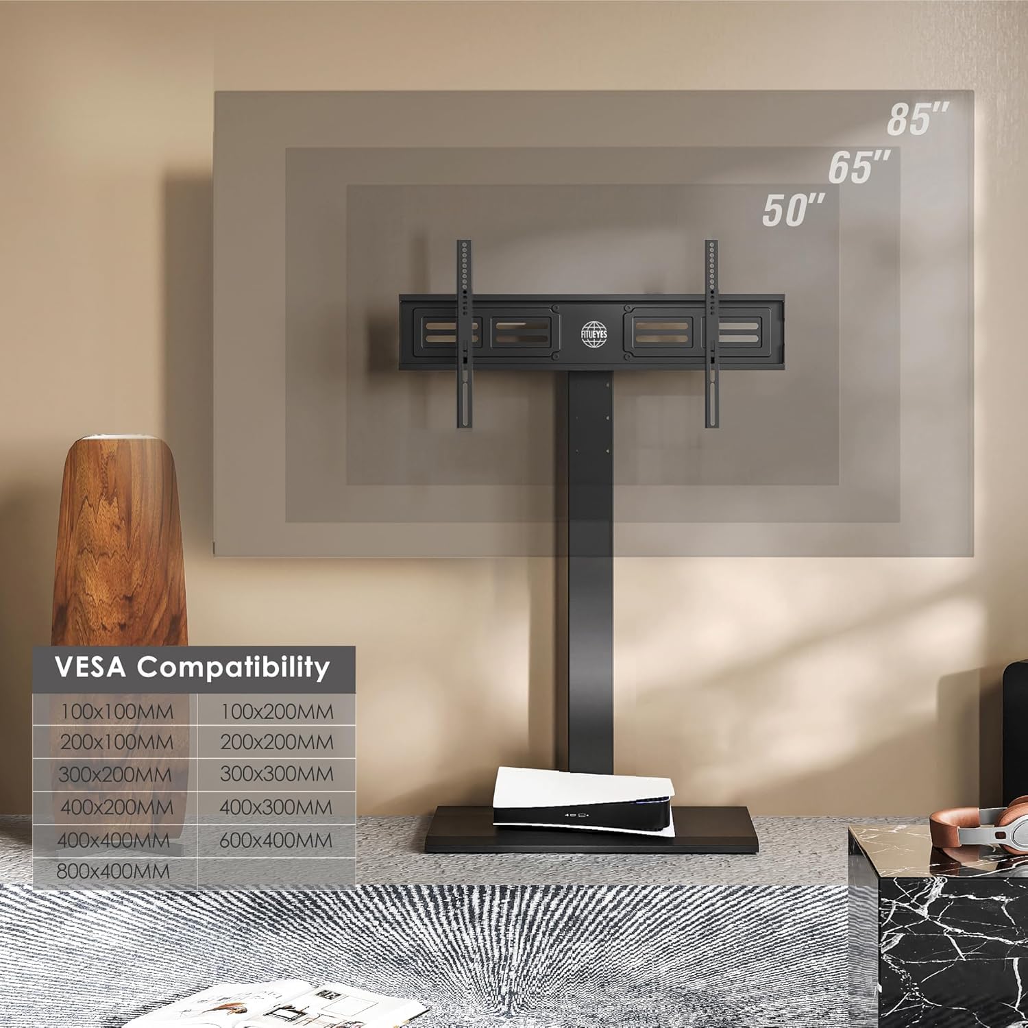 FITUEYES Supporto TV da Pavimento per 50-85 Pollici, Porta TV da Terra Girevole e Altezza Regolabile, Max VESA 800x400mm