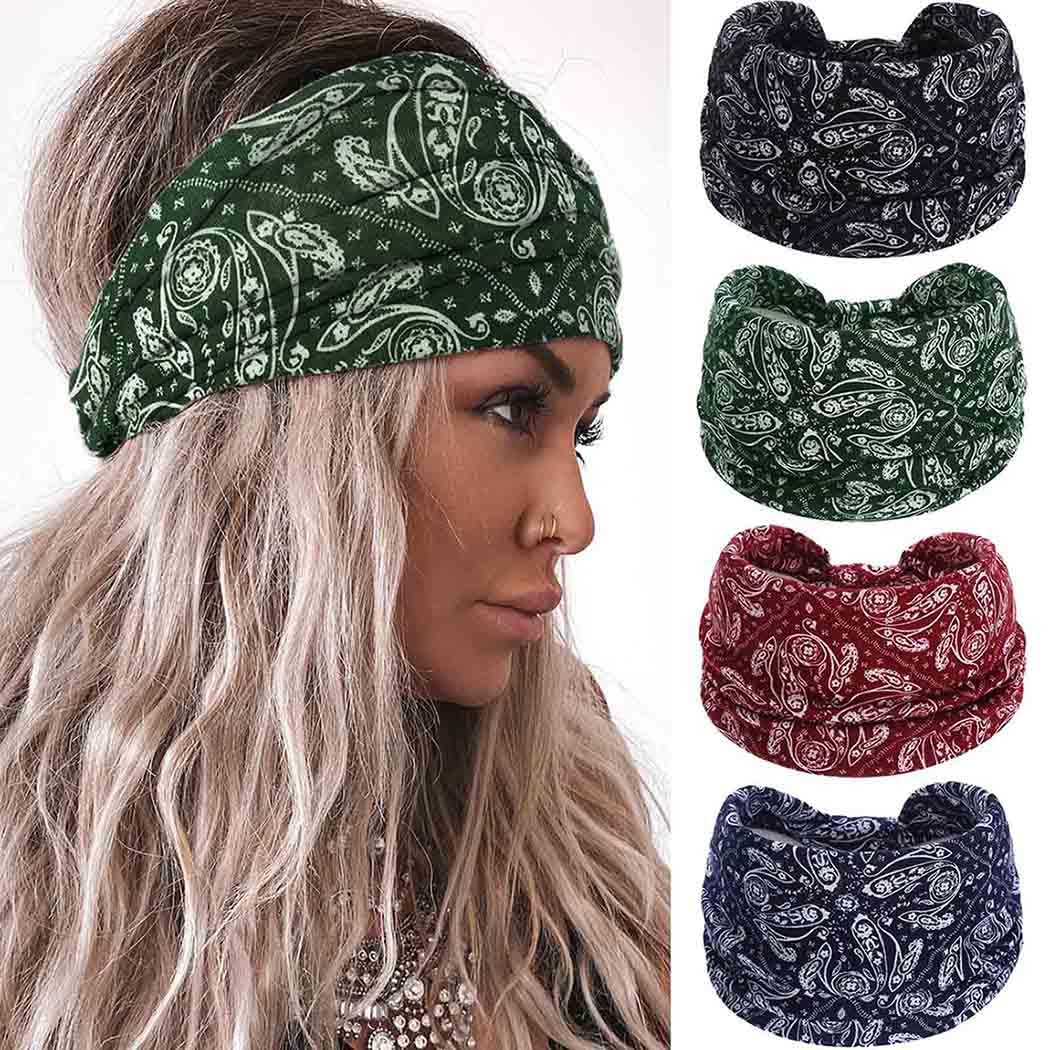 Acenail Diademas anchas para mujer, turbante bohemio, anudada, floral, elástica, antideslizante, para entrenamiento, yoga, bufandas, accesorios para el cabello de moda para mujeres y niñas, 4 piezas