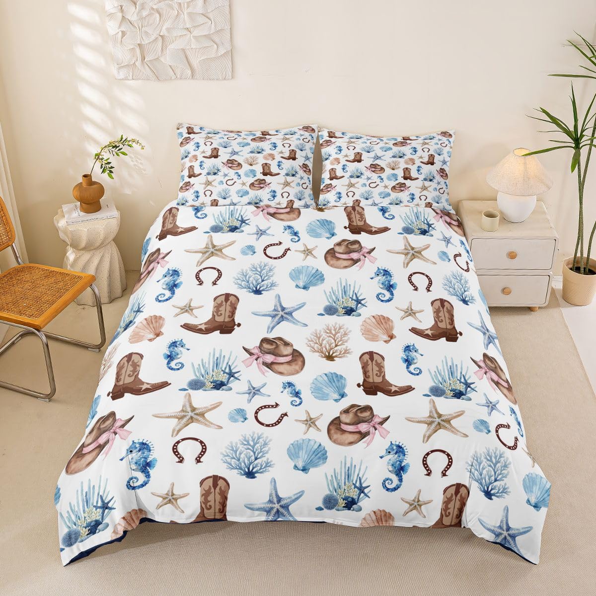 Homewish Motyw plażowy podwójna poszewka na kołdrę zachodni kowbojski zestaw pościeli dla dzieci nastolatków dorosłych ocean rozgwiazda i konik morski poszewka na kołdrę morska plaża muszla zestawy