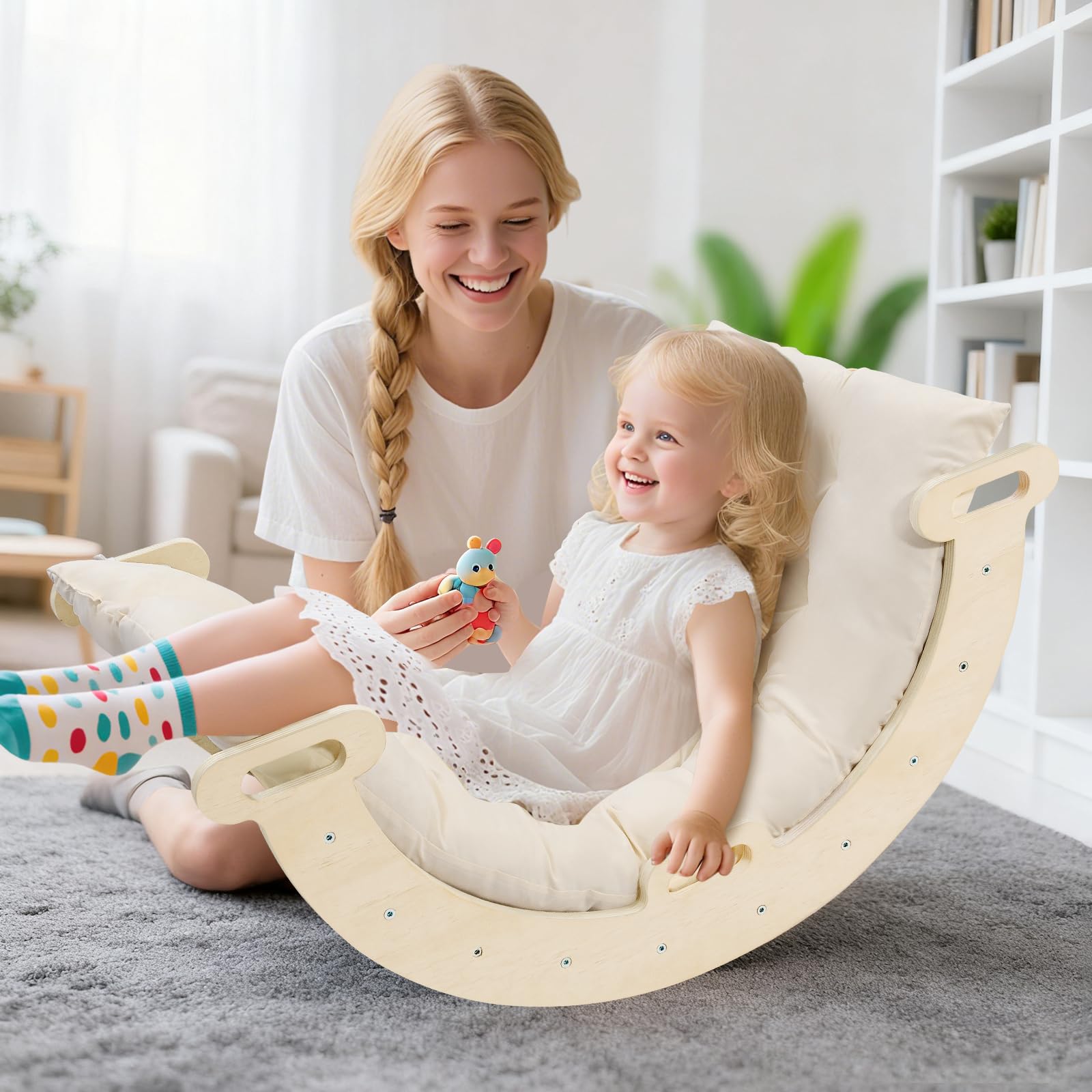 nmoiww Struttura da Arrampicata per Bambini 3 in 1, Scala da Arrampicata in Legno per Bambini con Cuscino Accogliente, Palestra da Gioco Montessori per Interni (Colore Naturale-2.5cm)