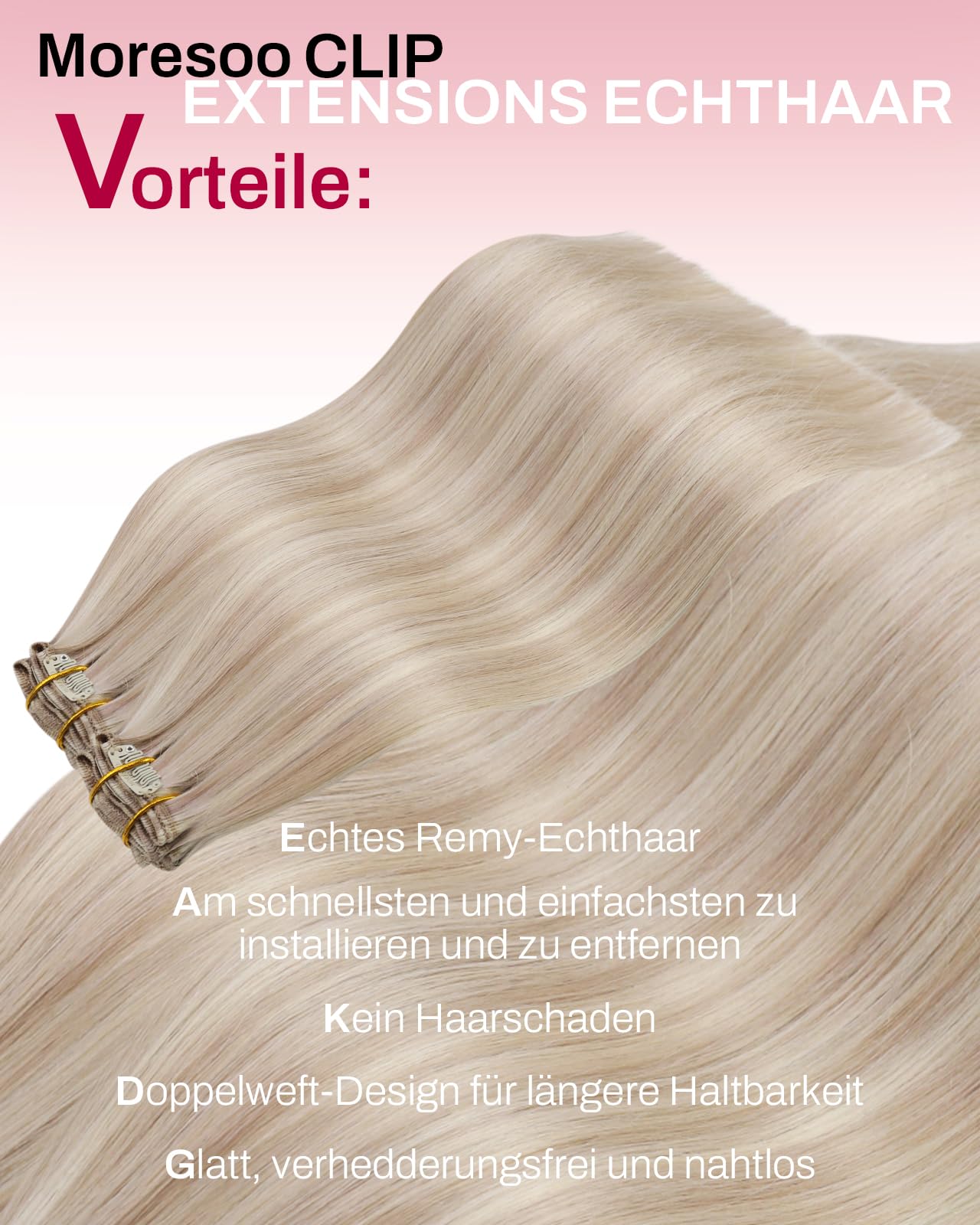 Moresoo Echthaar Extensions Clip Aschblond mit Platinblond Strähnchen Clip in Extensions Echthaar 40 cm 5 Stück 80g Glattes Haar #18/613 - 3
