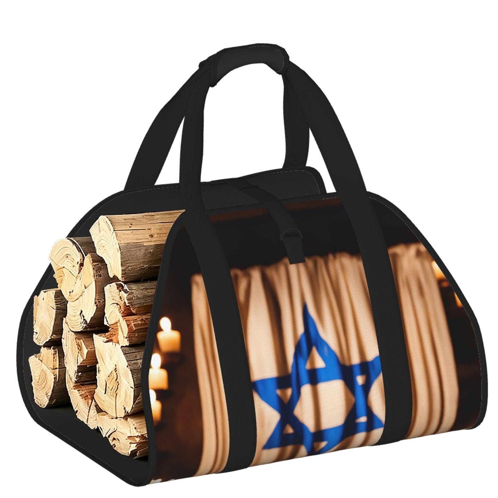 Ayyqwe Black Israeli Flag Print Firewood Bag Wood Waterproof Versatile Camping Picnic Storage Daily Home