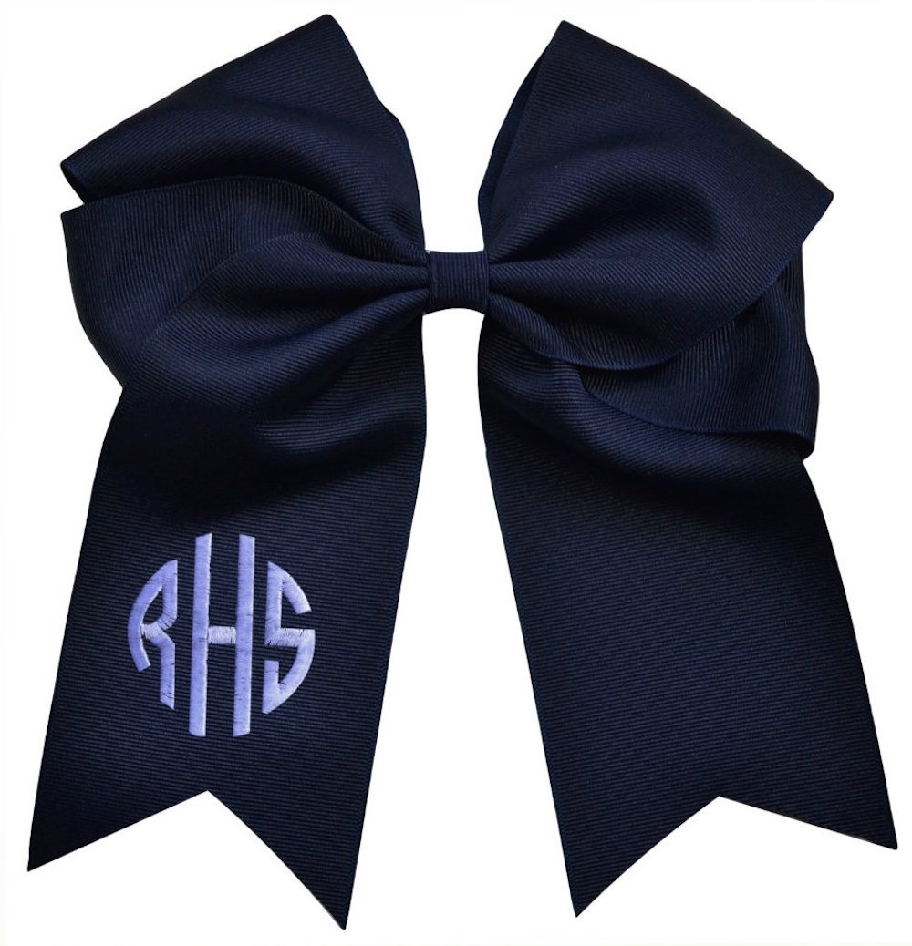 Custom CIRCLE MONOGRAM Embroidered Elastic Ponytail CHEER BOW By Funny Girl Designs - 7.5 Inches Long (WHITE)