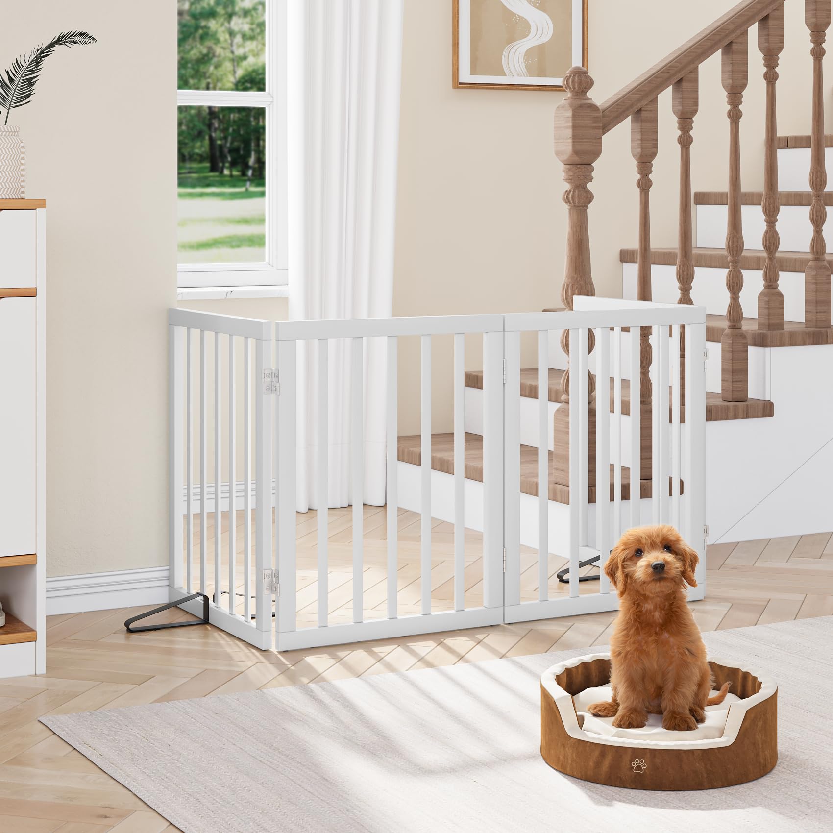 Semiocthome Freestanding Dog Gates and Barriers Indoor Pet Gates for Doorways and Stairs, 60cm(H) 4-Panel Puppy Gate with 2 Metals Stands Fully Assembled Adjustable Safety Fence Fit Up to 188cm White — view 2