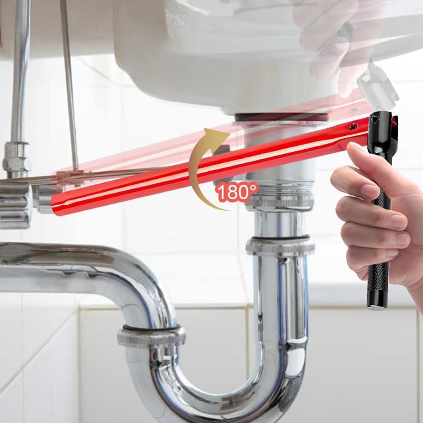 SUJEBKC Clé à Robinet Multifonction 8-13 Mm – Outil D'Installation Mitigeur Évier, Poignée Inclinable Antidérapante Rouge + 5 Adaptateurs