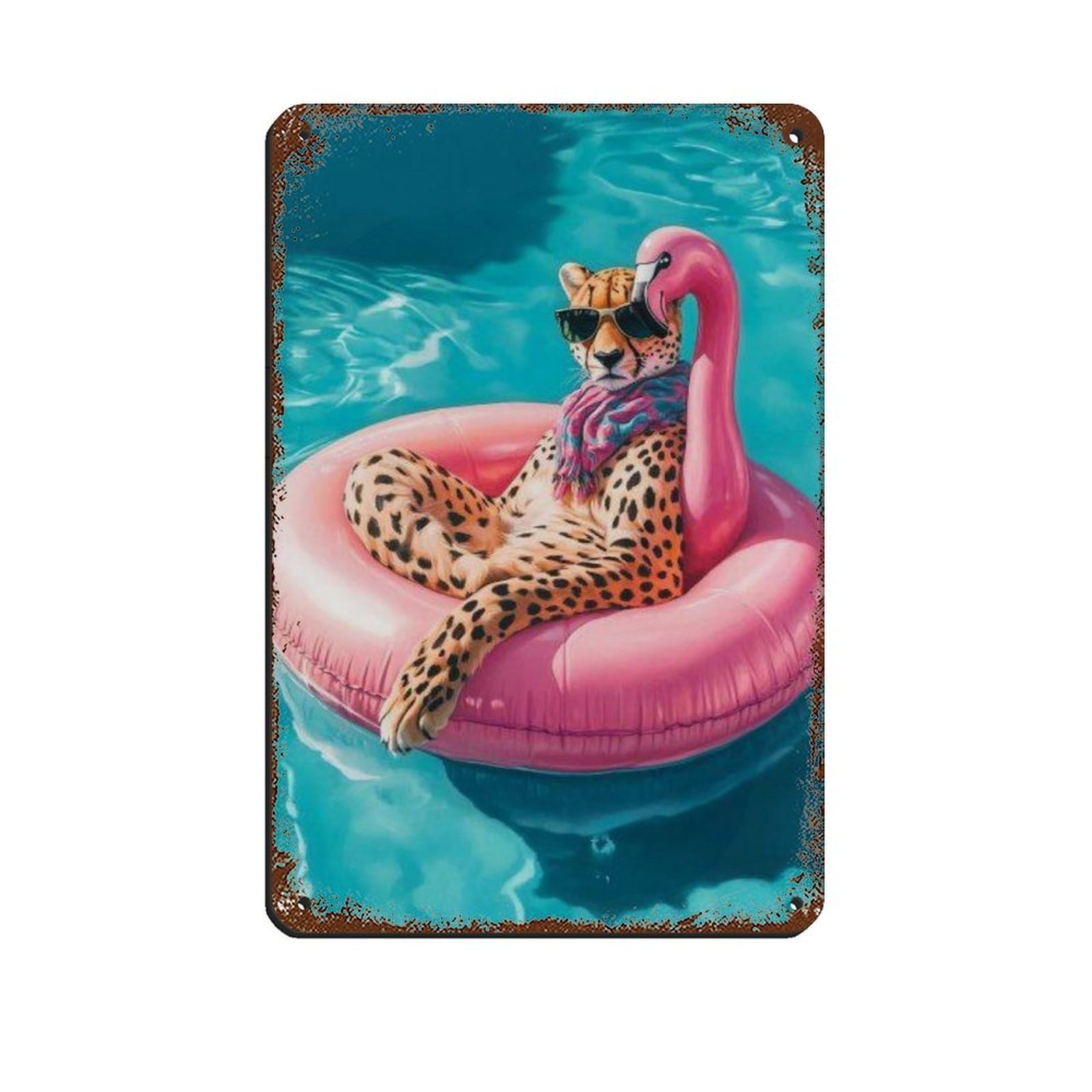 Lxwnze 20L X 30W Cm Stylish Cool Cheetah On Pink Flamingo Float Retro Poster Metal Tin Sign Chic Art Retro Iron Painting Bar People Cave Cafe Family Garage Poster Wall Decoration 8X12inch(20X30cm)