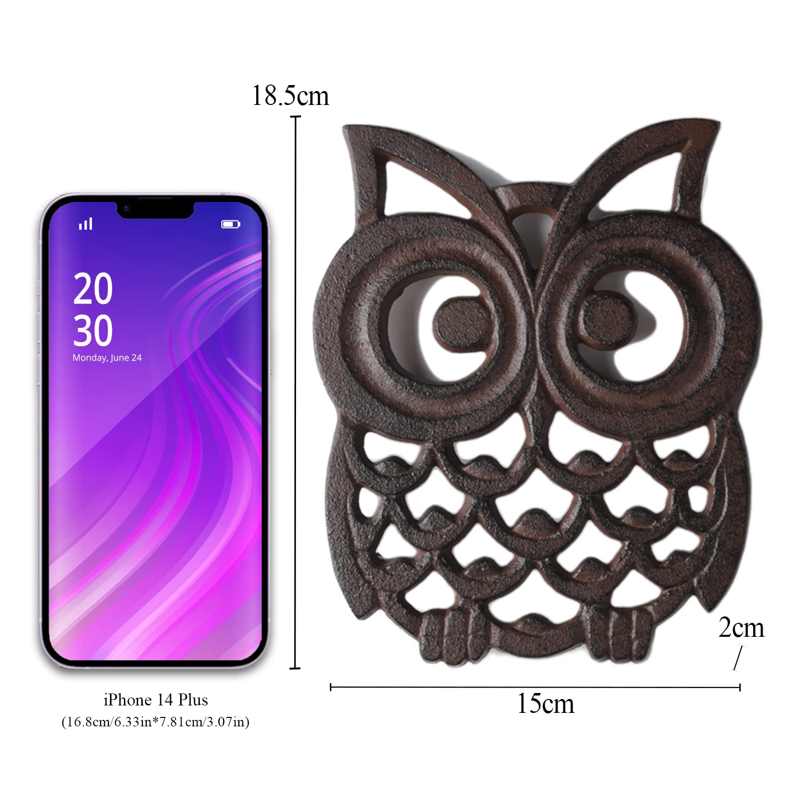Podstawka żeliwna w kształcie sowy Podstawka żeliwna Podkładki pod gorące garnki i naczynia do kuchni i jadalni 15x18,5 cm z gumowymi kołkami/nóżkami Dekoracyjny rustykalny design vintage