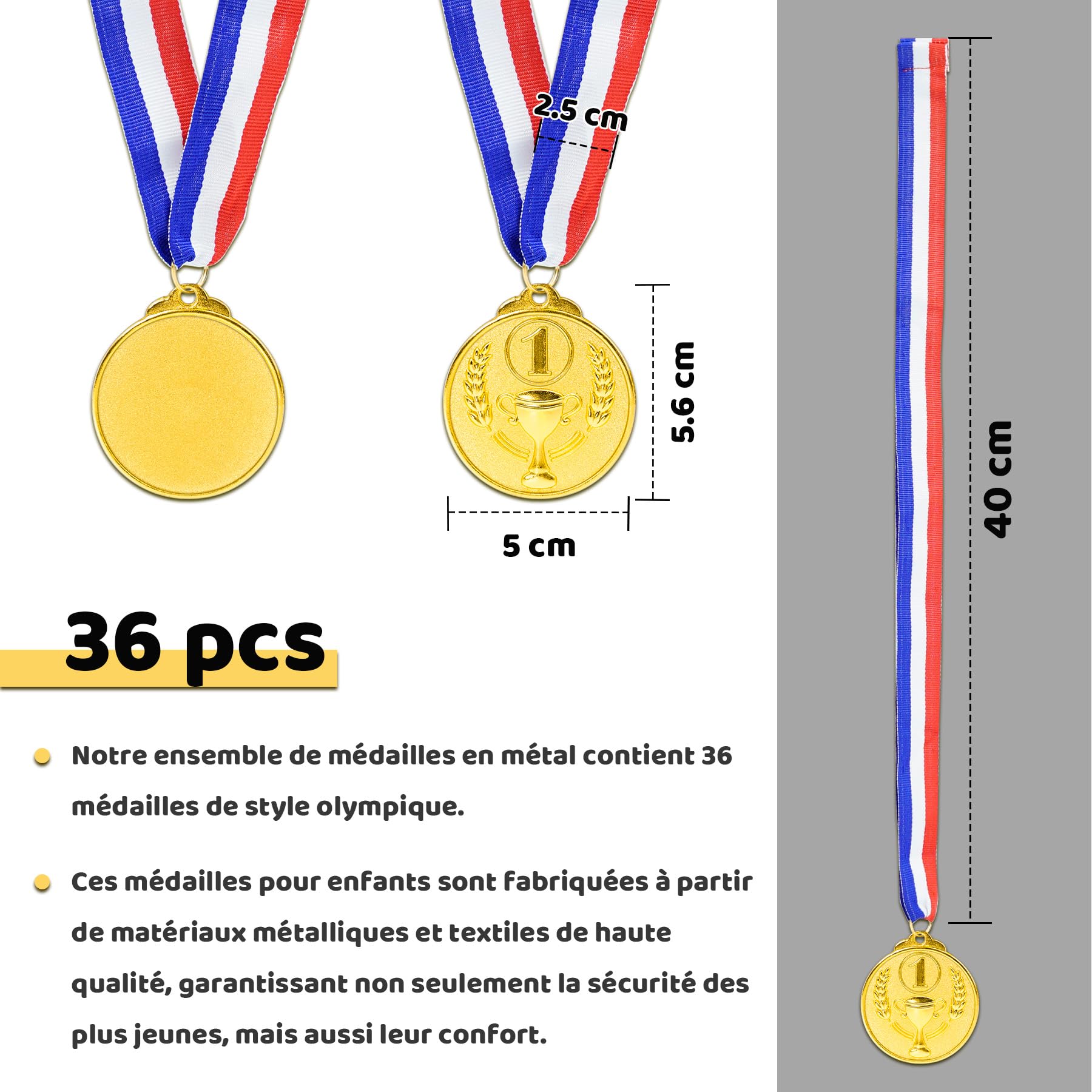 Brelet Médailles de Récompense en Métal doré avec Ruban 36 Pcs pour Compétition Sportive