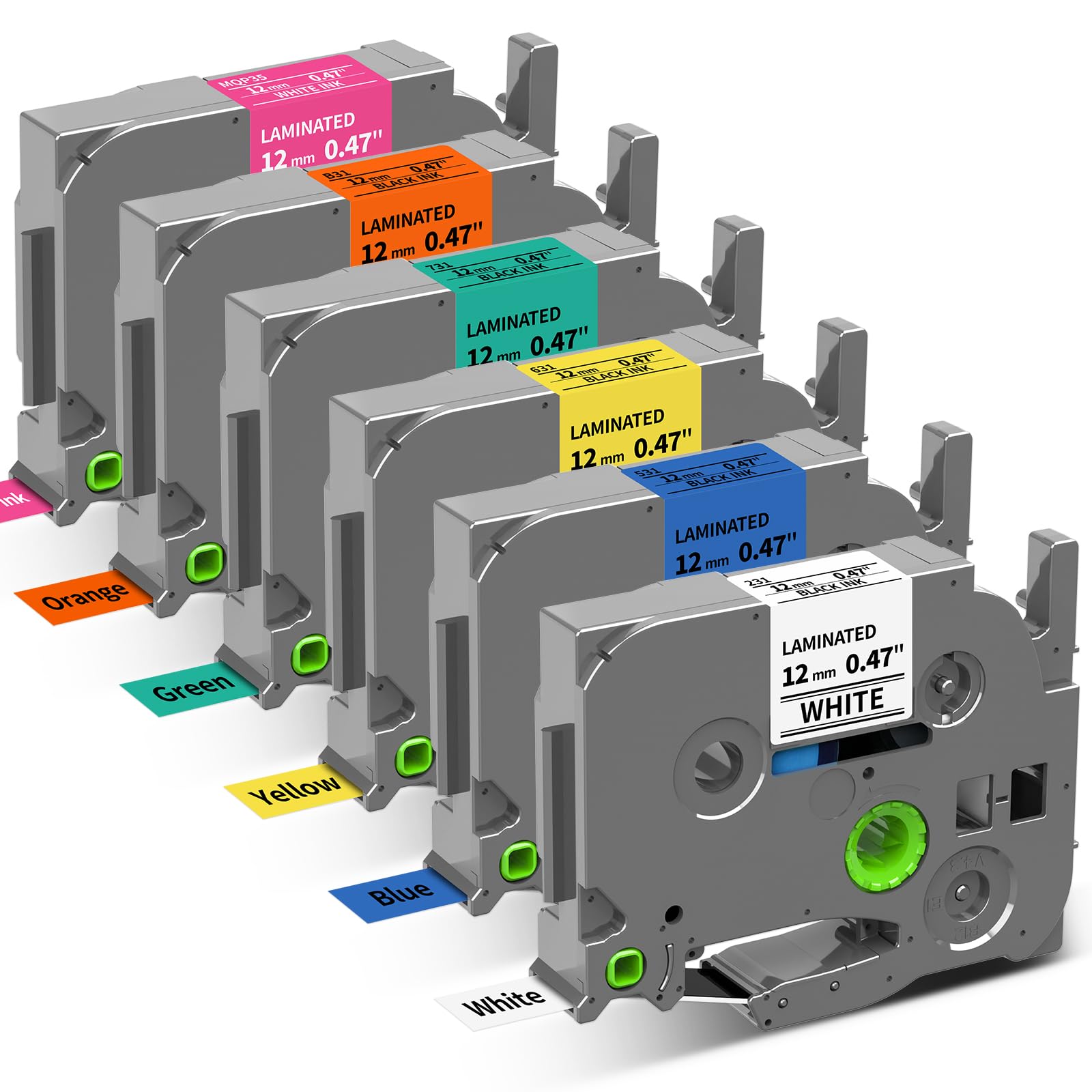 Repuesto para Brother P Touch Label Maker Tape TZe TZ Tape de 12 mm 0.47 repuestos laminados de colores para PT-D210 D220 H110 D400 D410, blanco/azul/amarillo/verde/naranja/rosa baya, paquete de 6