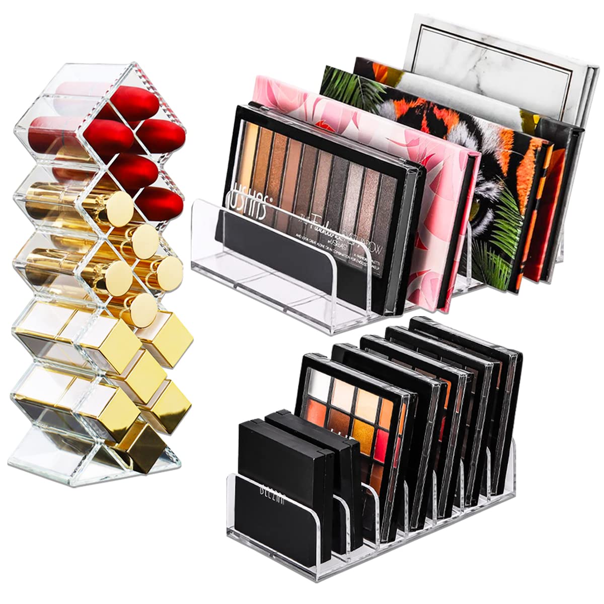 FHDUSRYO 3Pcs Eyeshadow Palette Organizer, 7 Section Makeup Palette Organizer, 2 Acrylic Palette Organizer with 1 Lipstick Holder, Clear Palettes Storage Holder for Cosmetics Blush, Bathroom Vanity