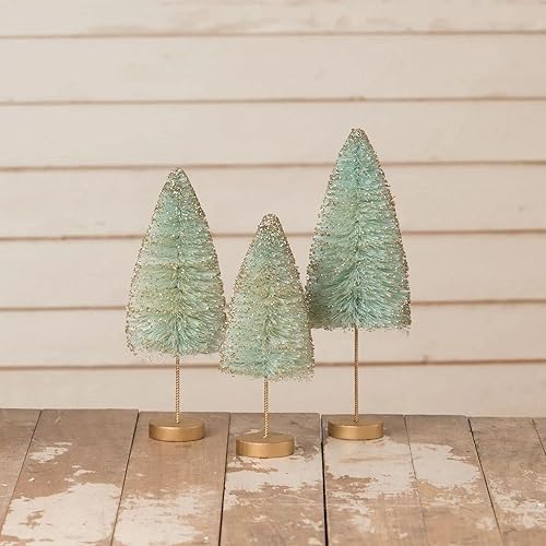Bethany Lowe Turquoise Gold Glow Bottle Brush Trees, Set of 3