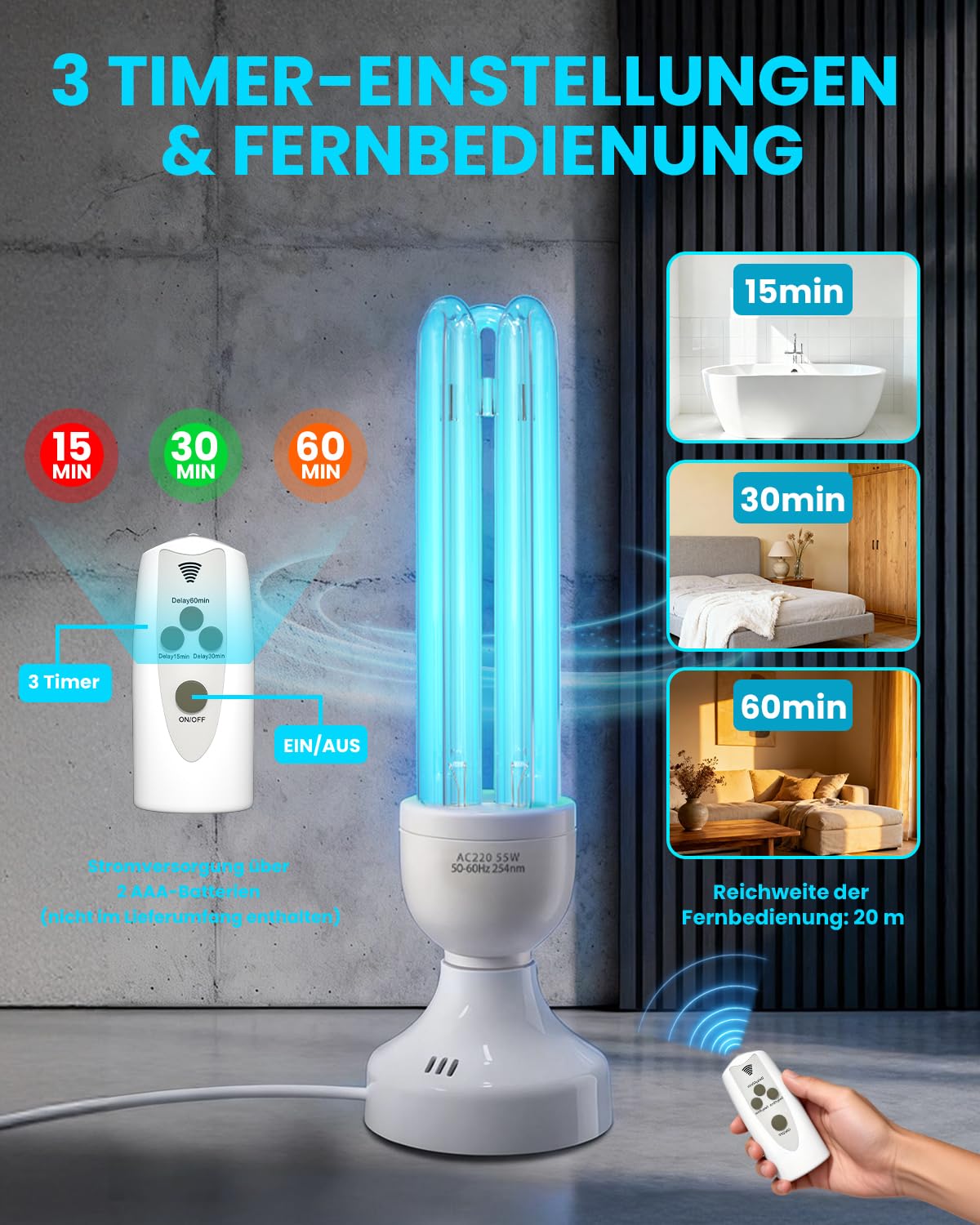 55W UV Lampe Desinfektion Ozon Licht mit Fernbedienung und 3 Timer Keimtötende Lampe, Duale Sterilisation und Desinfektion, AC220-240V, Perfekt für Küche, Schlafzimmer, Büro Frischluft