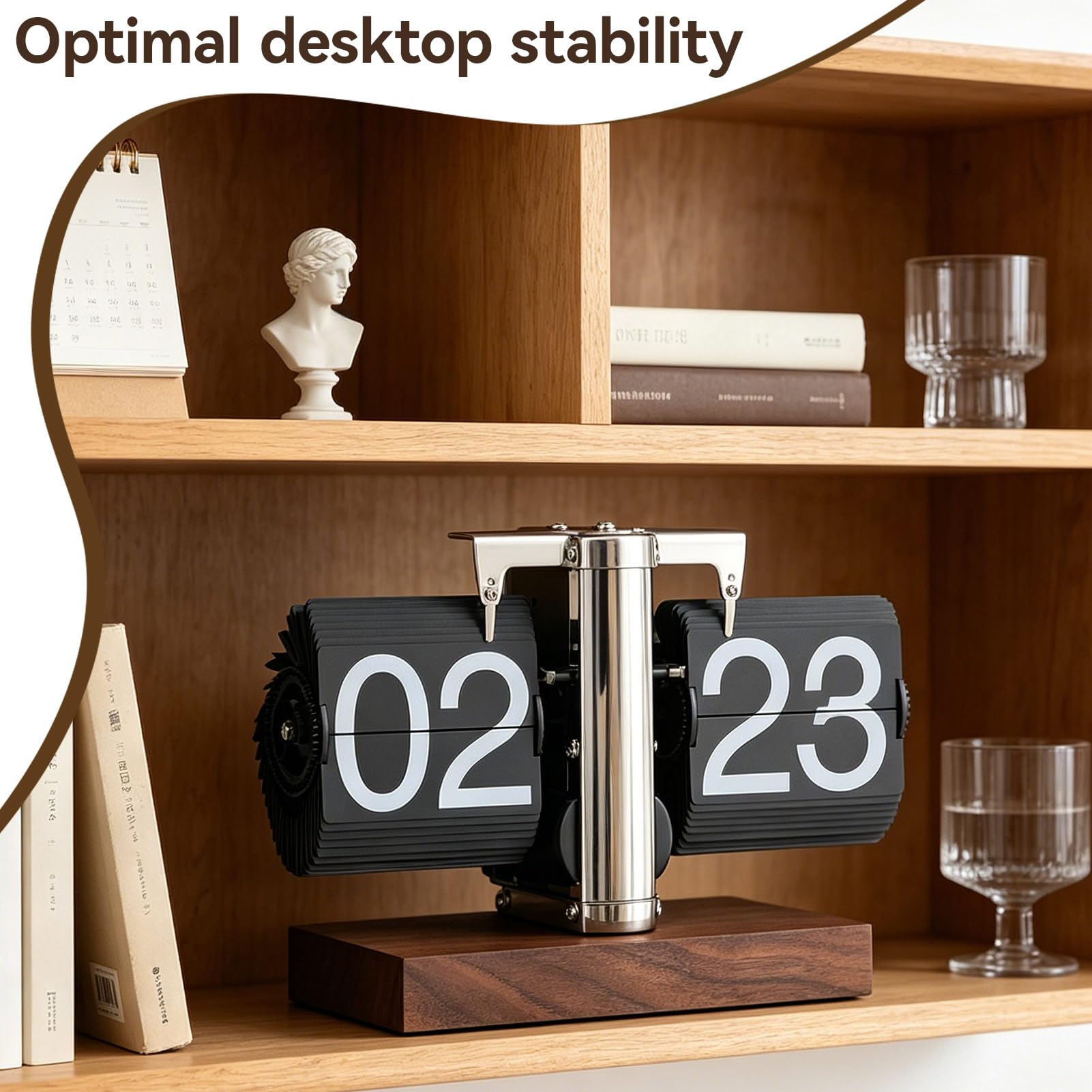 Retro Flip Vintage Desk Table Horloge, Mécanique Auto Flip Desk Clock Numéro 24h Base en Bois en Acier Inoxydable Table numérique rétro pour Le Bureau à Domicile