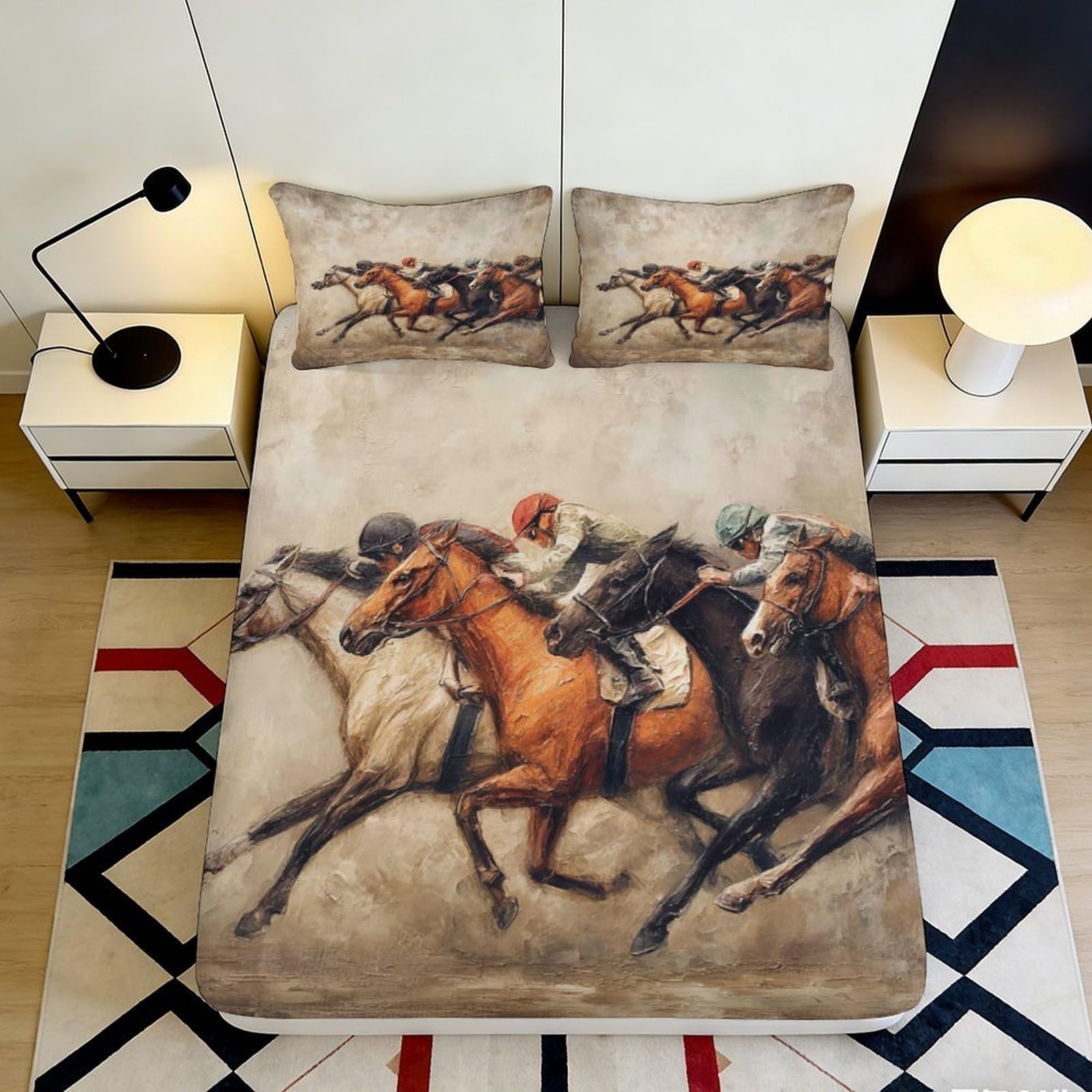3D Printed Horse Racing Fitted Sheet Microfiber Soft Breathable Jockey Competition Mattress Cover for Bedroom Dorm Room Decor 200x200x25cm