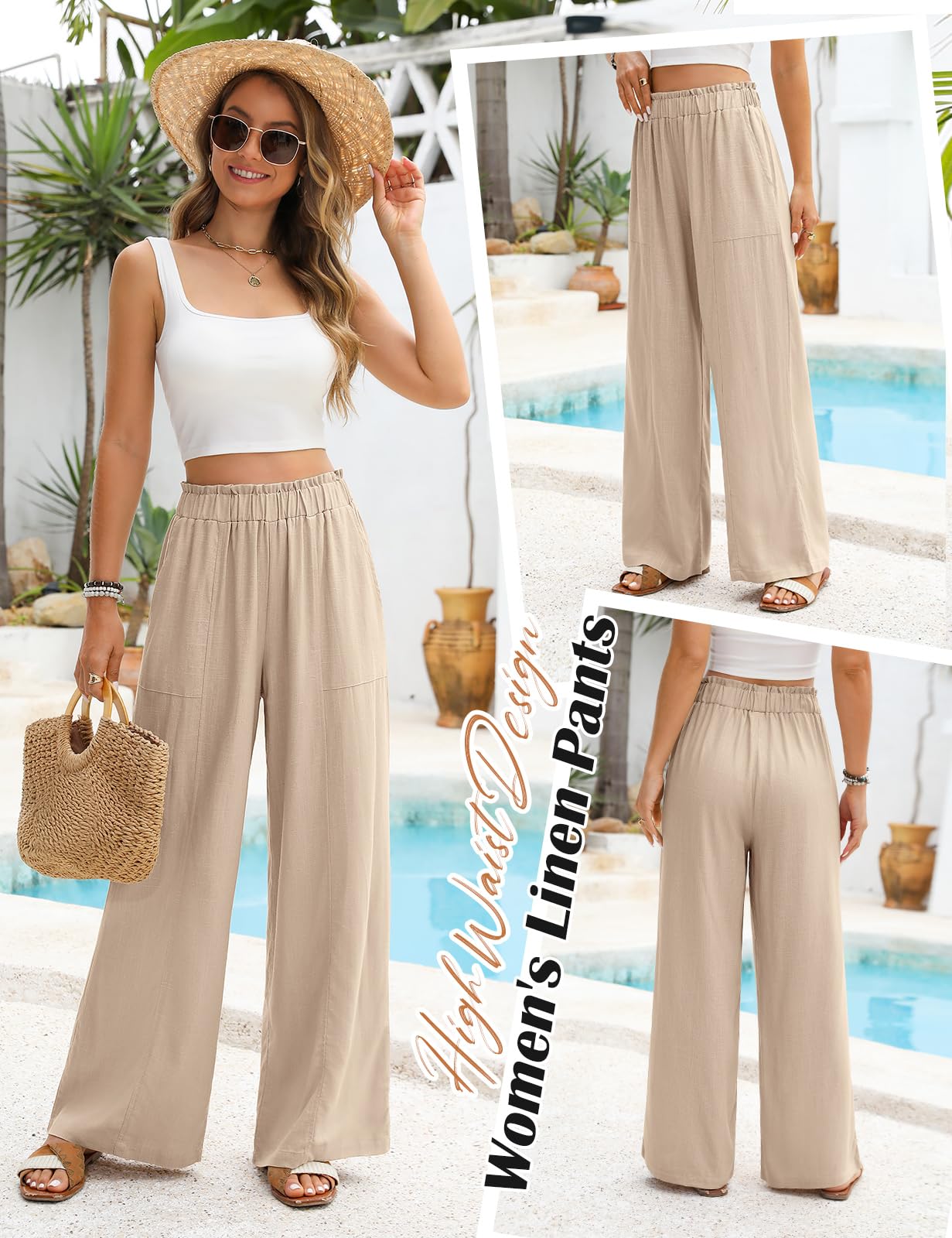 Leinenhose Damen Sommer Hosen Leicht Weite Bein Palazzo Hose Elastisch Taille Dehnbar Elegante Sommerhose Lockere Geschnitten Luftige Strandhose Freizeithose mit Taschen