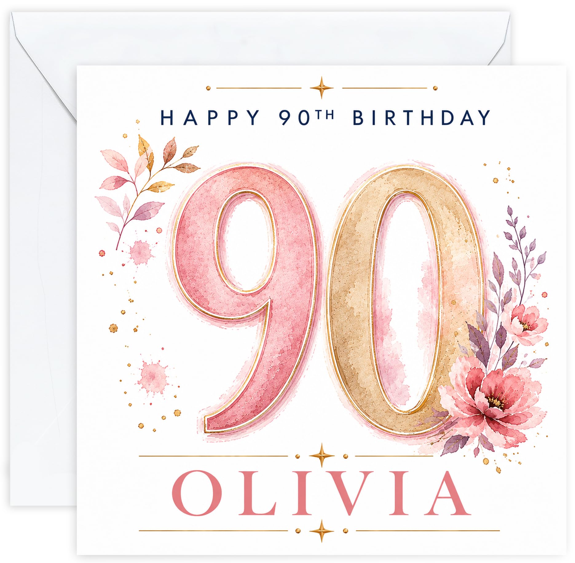 Personalised 90th Birthday Card for Her | Ninetieth Birthday Card for 90 Year Old Women | Mum Grandma Nan Aunt Friend | Female Birthday Card with Name (Design 05)