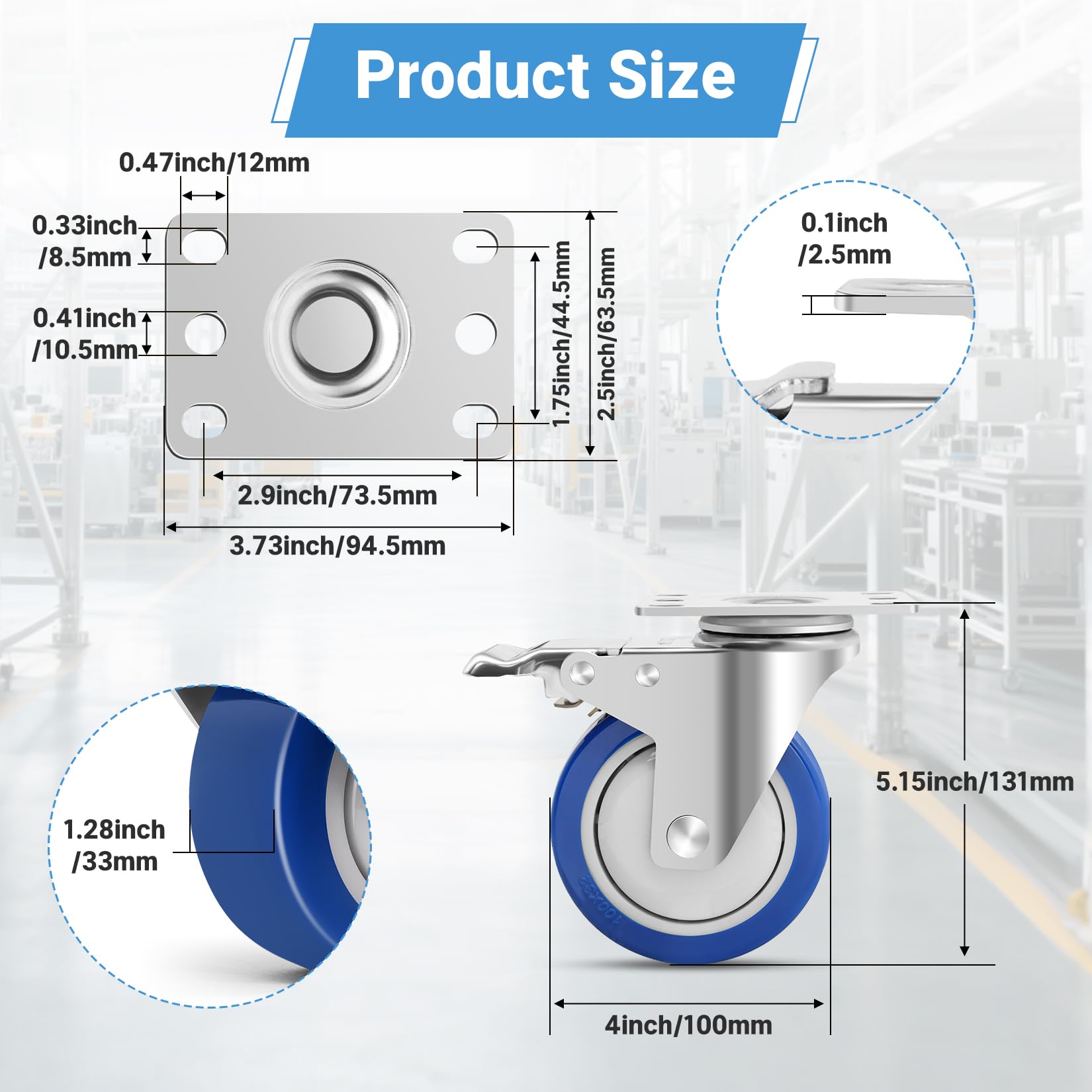 Roulettes en Acier Inoxydable avec 4 Freins, 100mm Roulettes pour Meubles, Capacité de 800kg, Roulette Résistante à la Chaleur pour Restaurant, Environnement Humide et Utilisation Médical