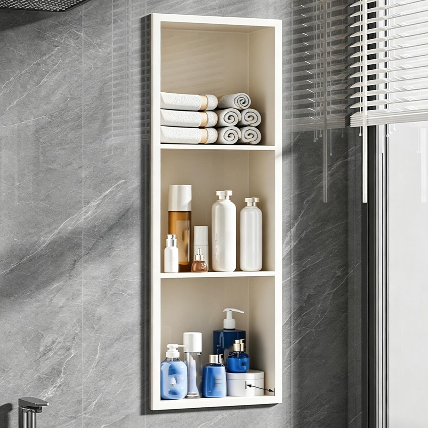Shower Niche with Three shelvesBuilt-in Bathroom Storage304 Stainless Steel Shower NicheTile-Free Shower NicheFor Bathroom Storage11 x 35.4 inchesShower Niche,Offwhite,280 x 900 x 125 mm