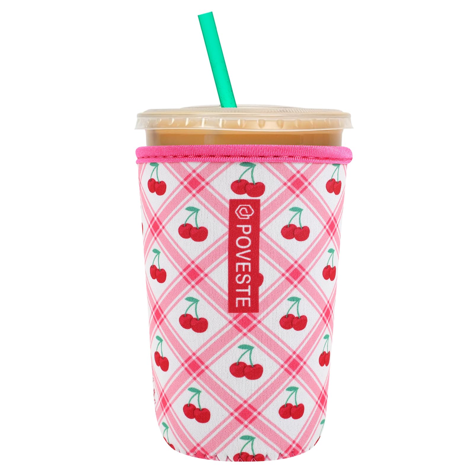 Reusable Neoprene Insulator Sleeve for Iced Coffee &amp; Cold Soda, Coffee Sleeves for Iced &amp; Hot Drinks, Cold Beverage Cooler Compatible with Starbucks, Dunkin (Cherry World, Medium: 22-24oz)