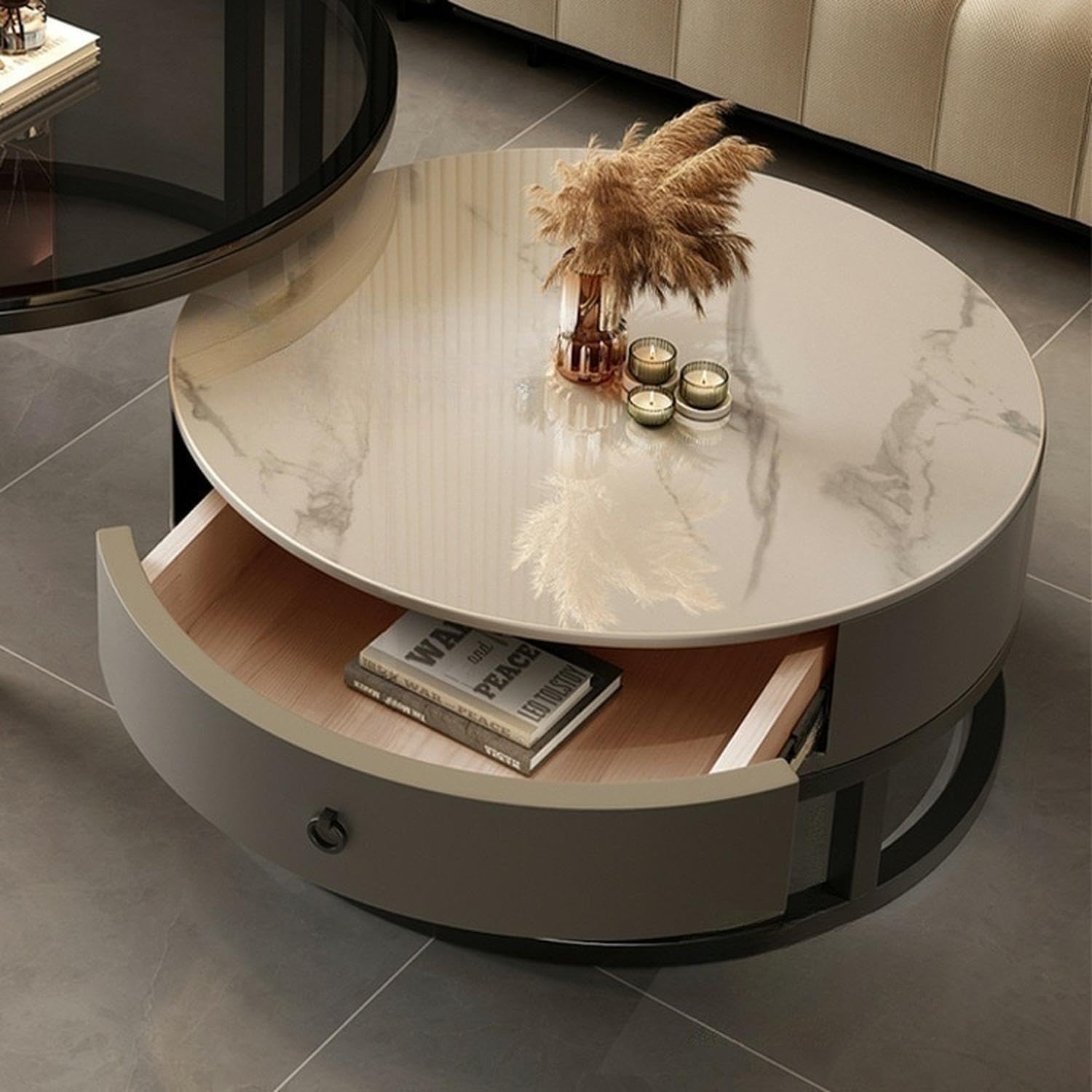 Round Nesting Coffee Table with Storage Drawer Set of 2, Modern Cocktail Table with Faux Marble Top for Living Room Small Space 27" Black/Grey-White 27.5"L x 27.5"W x 18"H + 19.5"L x 19.5"W x 16"H Black/ Grey Base-white Top