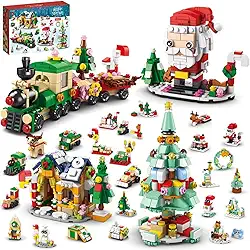 Calendário Do Advento Natalino 2025, Kit de Construção 6 em 1 com 24 Surpresas, Blocos Compatíveis com Lego, Presente para Crianças, Meninos e Meninas a Partir de 6 Anos, Árvore de Natal e Trenó (Papai Noel)