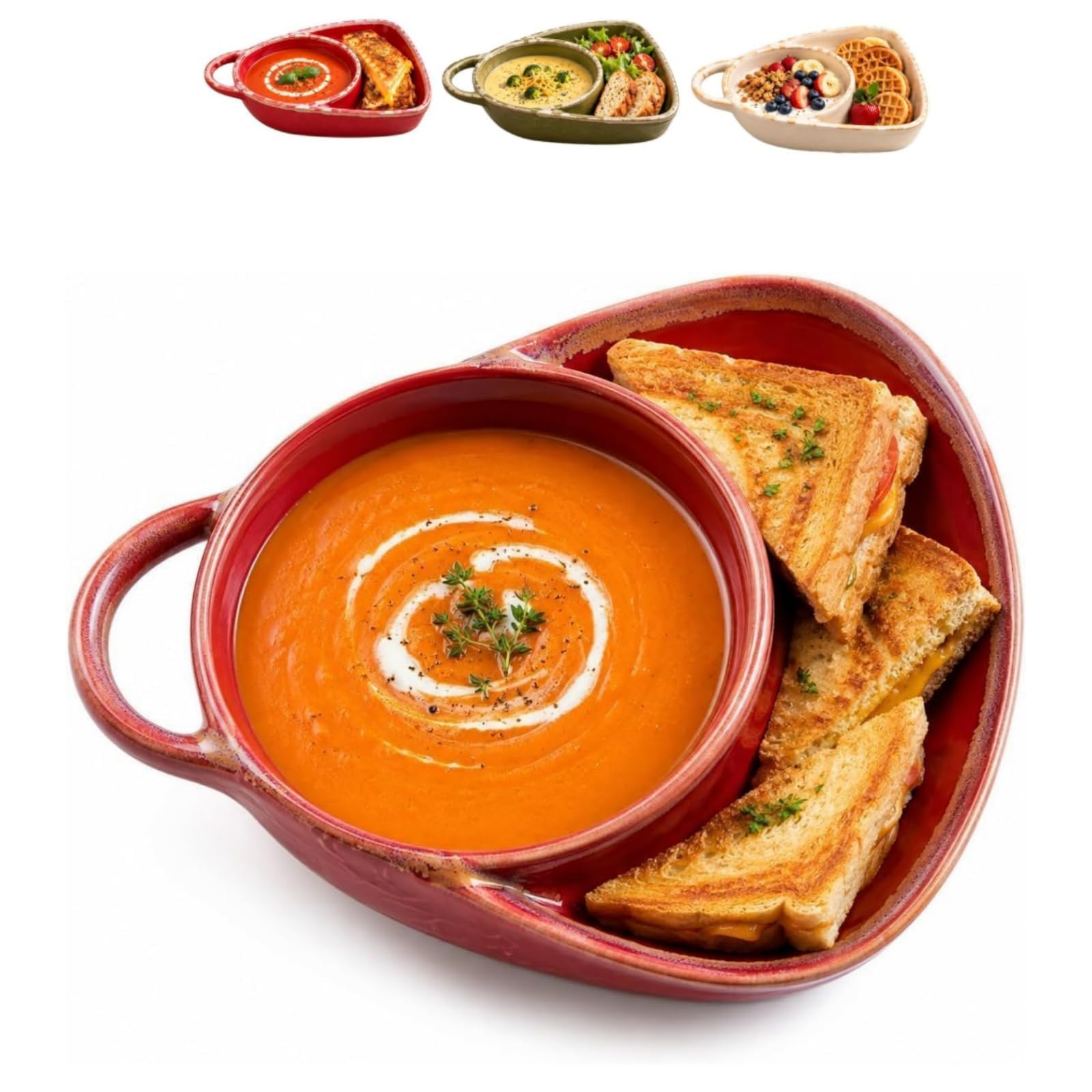 Soup and Sandwich Bowl Single Handle Ceramic Plate Combo with Bread Holder — image 1