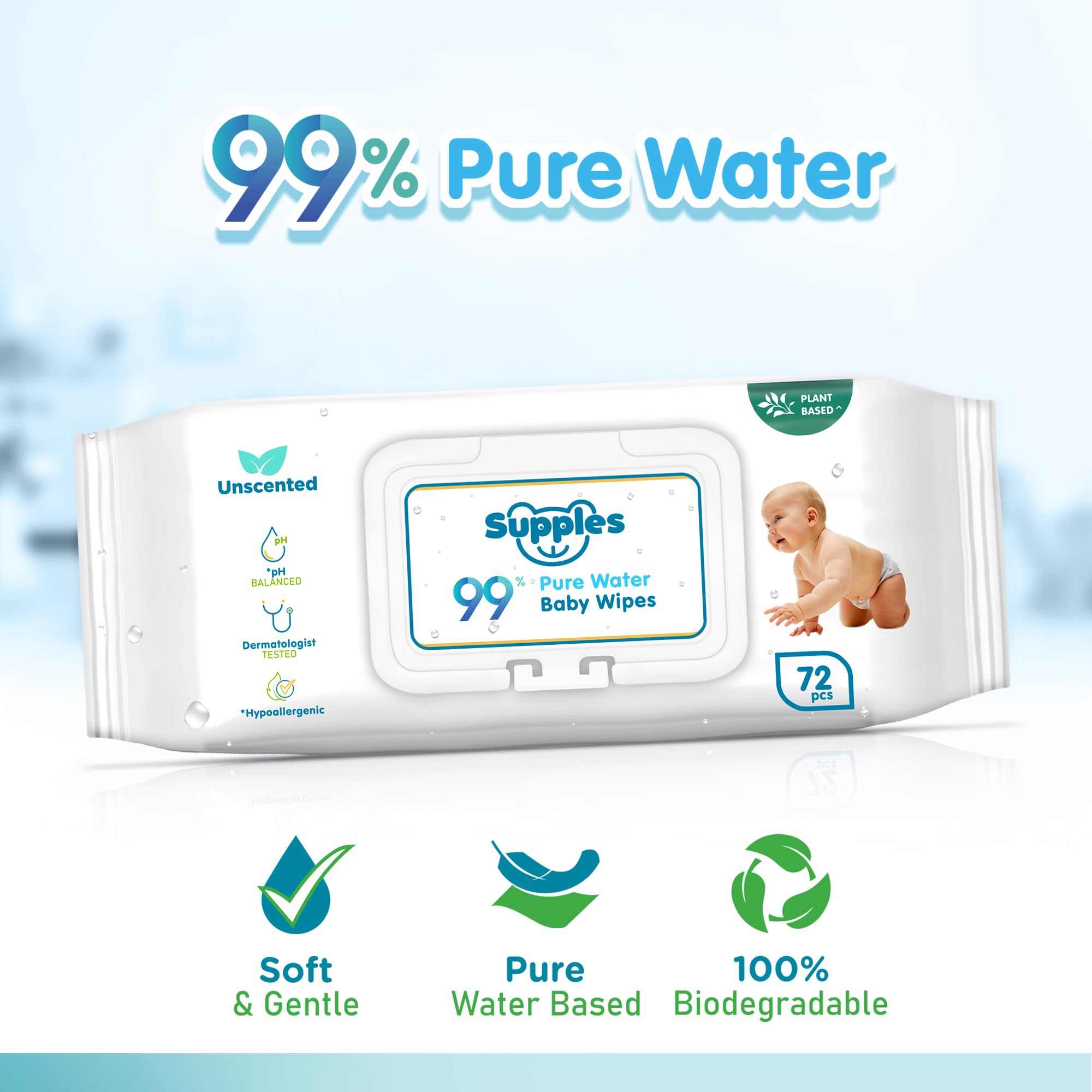 Amazon Brand - Supples 99% Pure Water Baby Wipes (With Lid) | 144 Count (72x2) | Unscented Wet Wipes for Newborn Baby | Soft, Hypoallergenic & Dermatologically Tested | Alcohol & Paraben Free 1