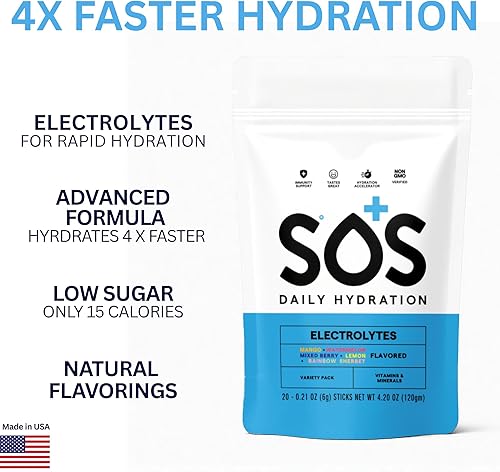 Miniatura 2 de SOS Mezcla de bebida en polvo de electrolitos de hidratación  20 porciones  Vitaminas esenciales  Bajo en azúcar  Suplemento de hidratación apto