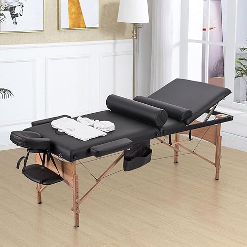 Miniatura 2 de FDW Cama de masaje portátil de 28 pulgadas de ancho, cama de pestañas 3 mesas de spa plegables de altura ajustable plegable con colgador de toalla,