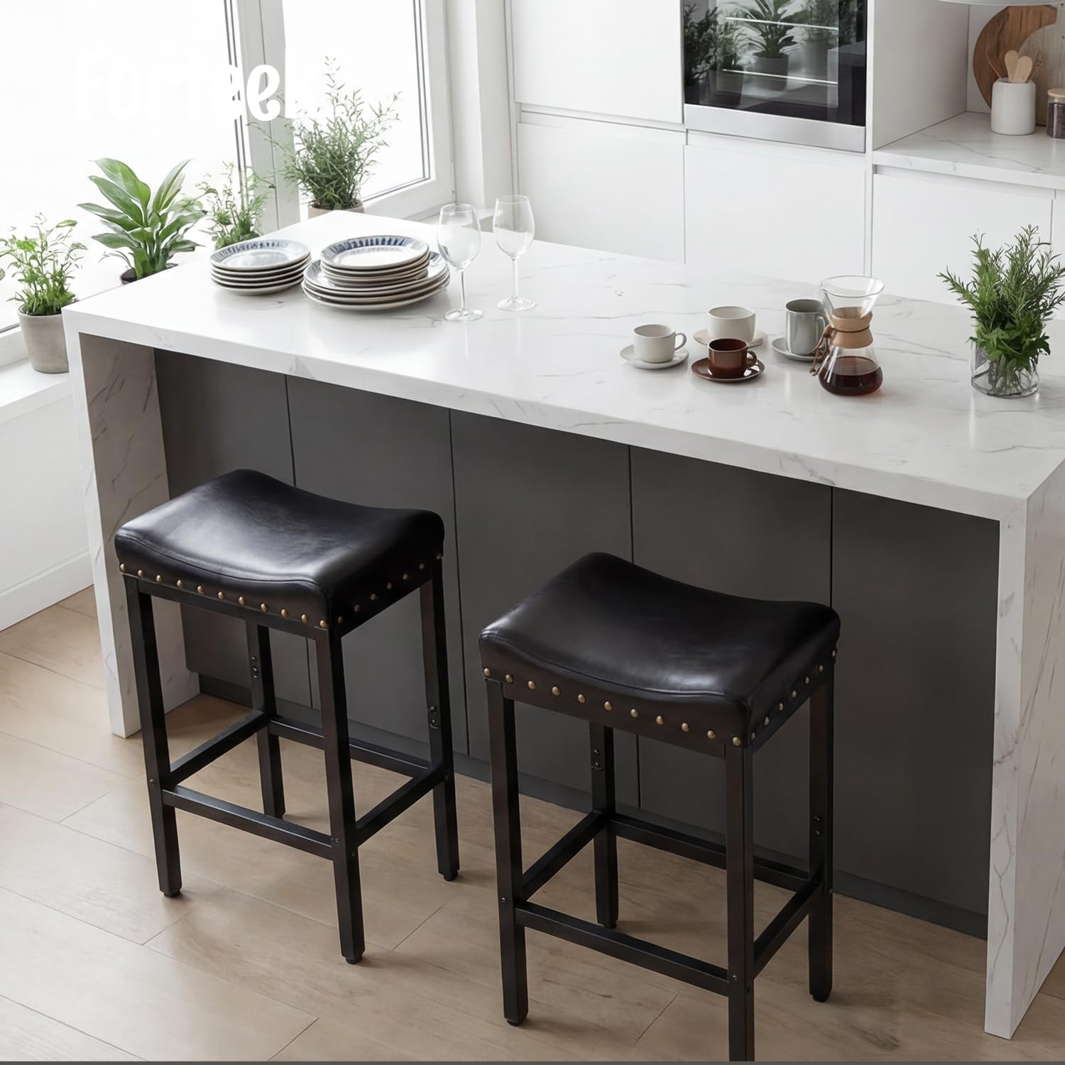 Counter Height Bar Stools Set of 2, 30 Inch, Industrial Vintage Bar Stool with Nailhead, Faux Leather Barstool with Footrest, Saddle Stool for Kitchen Island, Dining Room, Easy Assembly