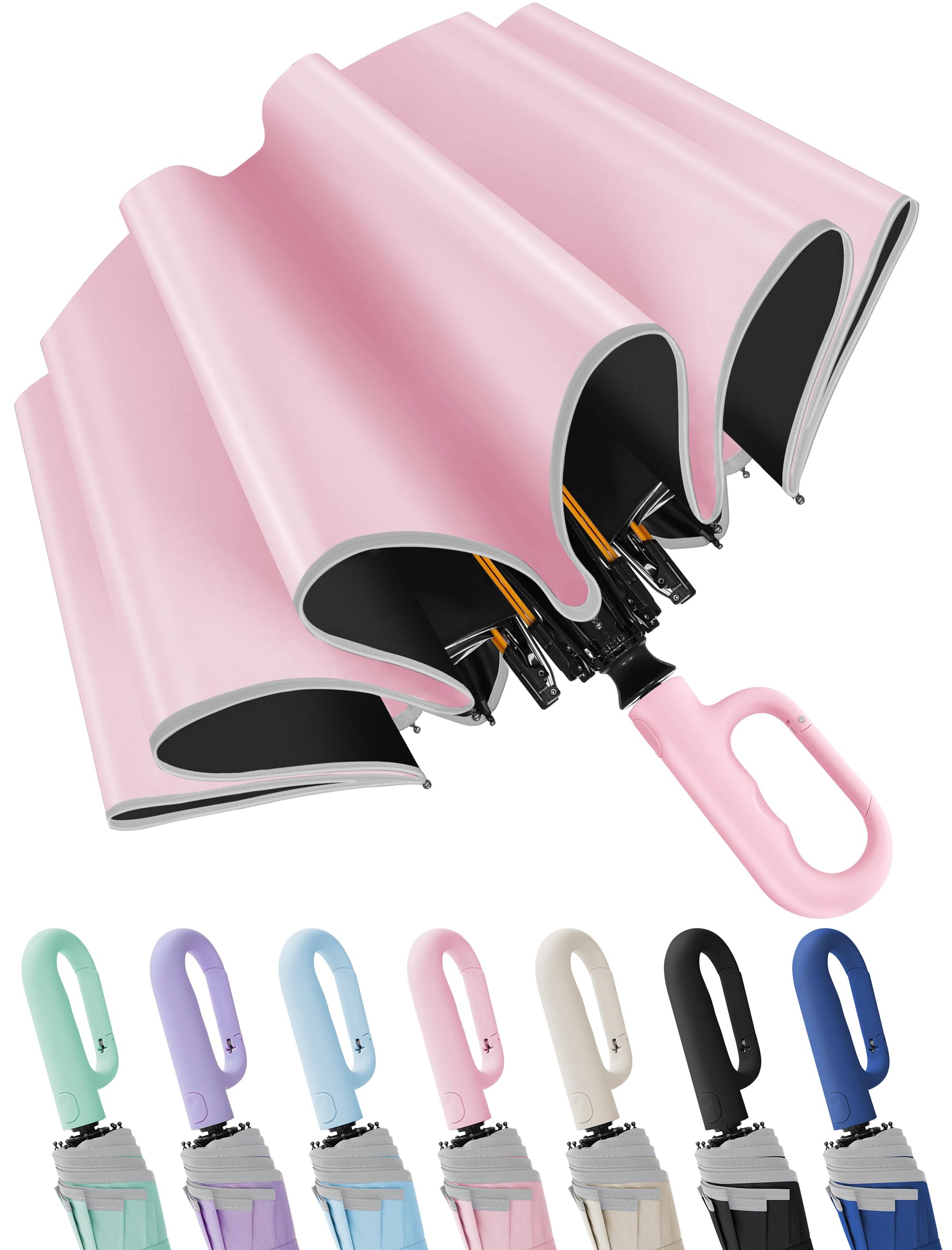 Seniny Travel Umbrella with Carabiner Handle, Windproof Large Umbrellas for Rain with Dual-Rib Structure, Portable Compact Umbrella with Reflective