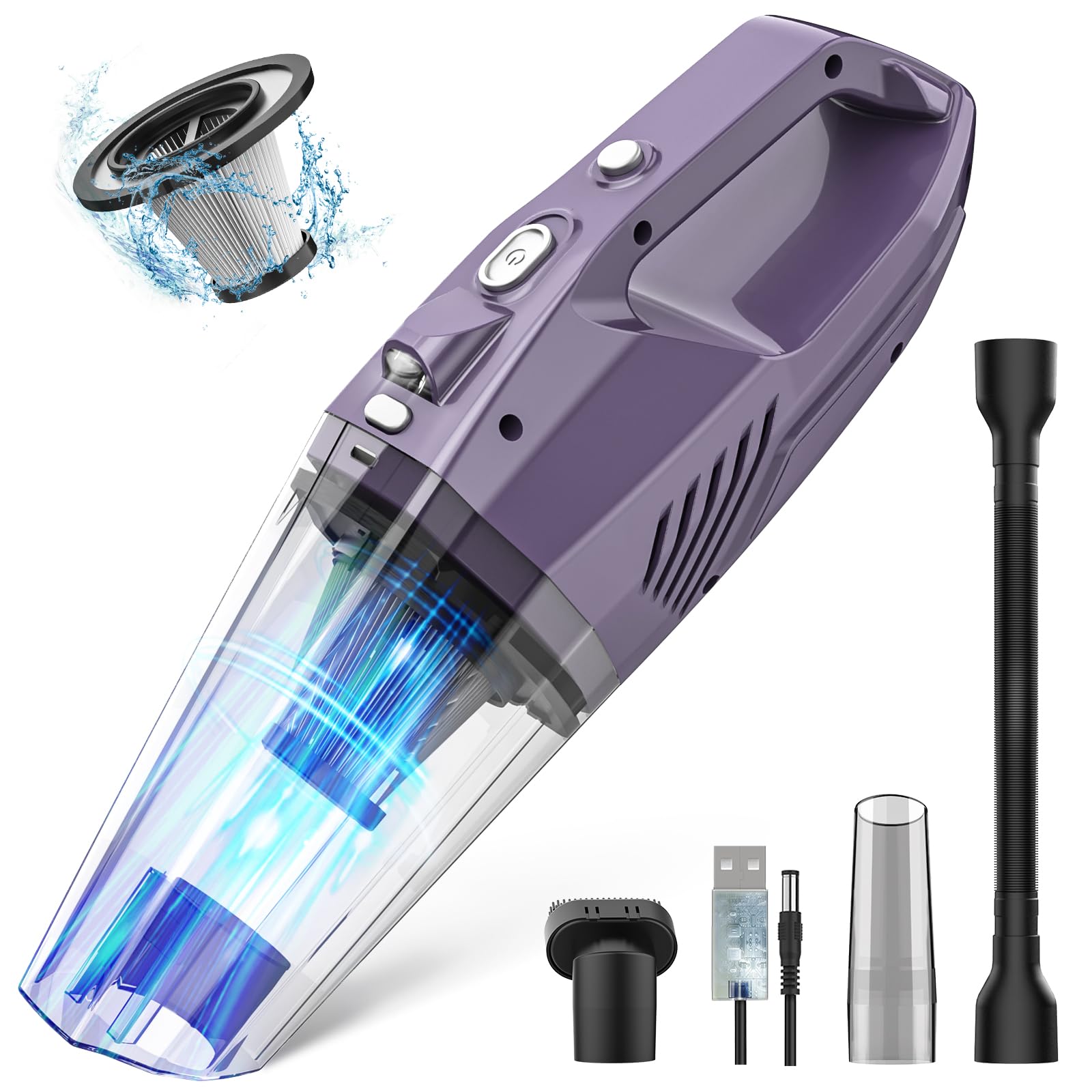 Handheld Vacuum Cordless - Car Vacuum Portable & Small Vacuum Cleaner with 6KPa Suction, USB Vacuum Cordless Rechargeable, HEPA Filter, LED Light for Pet Hair, Home, Car, Office - Includes Accessories