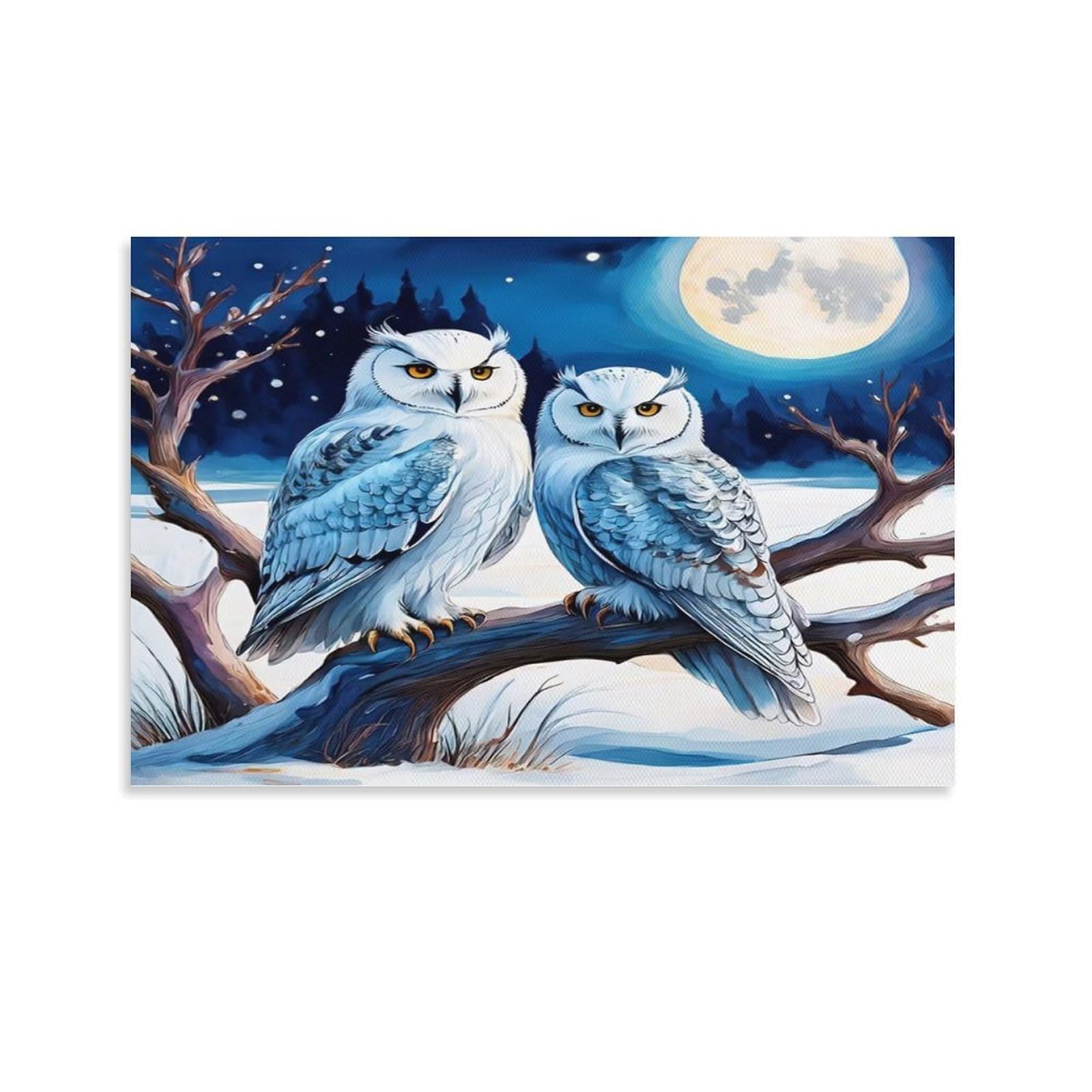 CPLVKWRQJ Snowy Owl in Flight Amidst Snowflakes 1 Piece Two Snowy Owls Full Moon Winter Branch Canvas Wall Hanging - Nursery Space Saving Removable Ready to Hang Wall Decor 20x30inch(50x75cm)