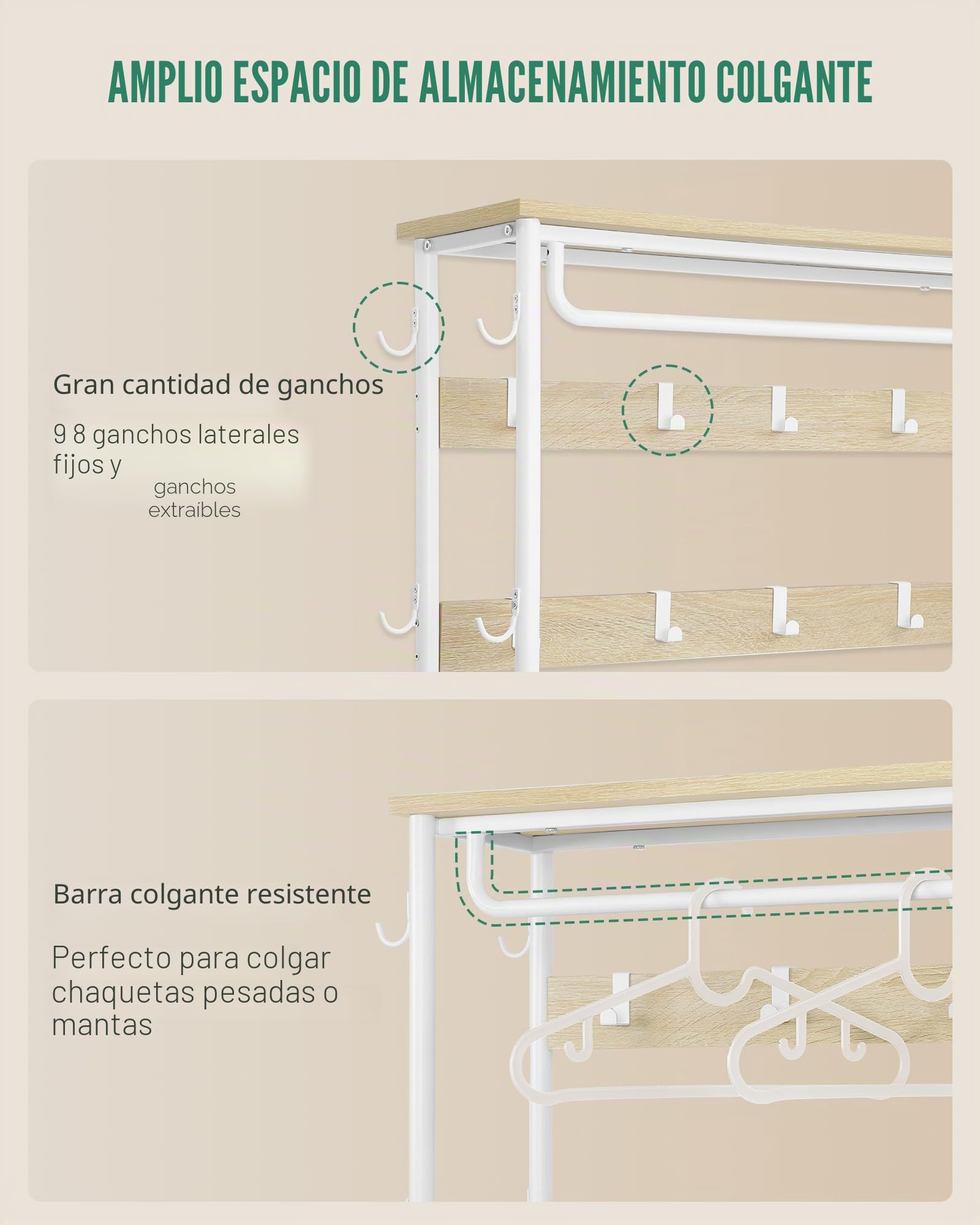 Hzuaneri Perchero de Pie, 5 en 1 Perchero con Banco Recibidor, 17 Ganchos, 1 Barra Superior, 4 Estantes laterales, para Entrada Recibidor, Salón, Habitación, 40 x 120 x 182 cm, Blanco HT03516W