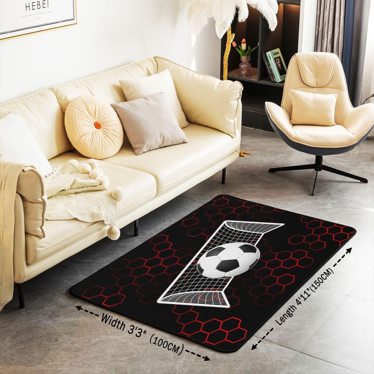 Dywan z siatką piłkarską, do salonu, 150 x 200 cm, piłka nożna 3D, sport, motyw sypialni, dywan dla chłopców i dziewczynek, geometryczny czerwony plac miodu, sześciokątna mata podłogowa