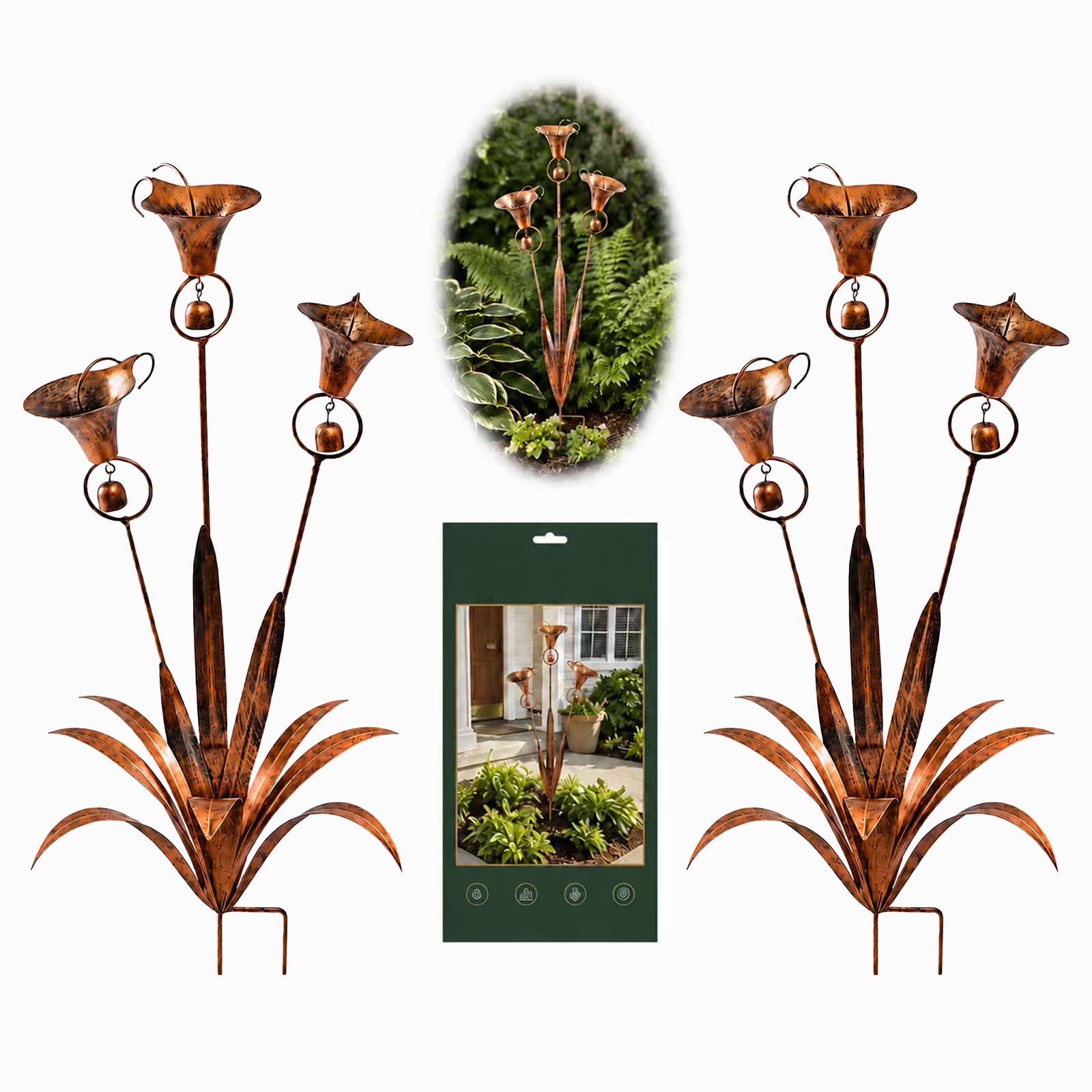 Calla Lily Garden Stake with Bells, Copper Metal Flower Wind Chime Yard Art, Rustic Outdoor Decorative Stake for Patio Lawn Garden Ornament (Vintage color)