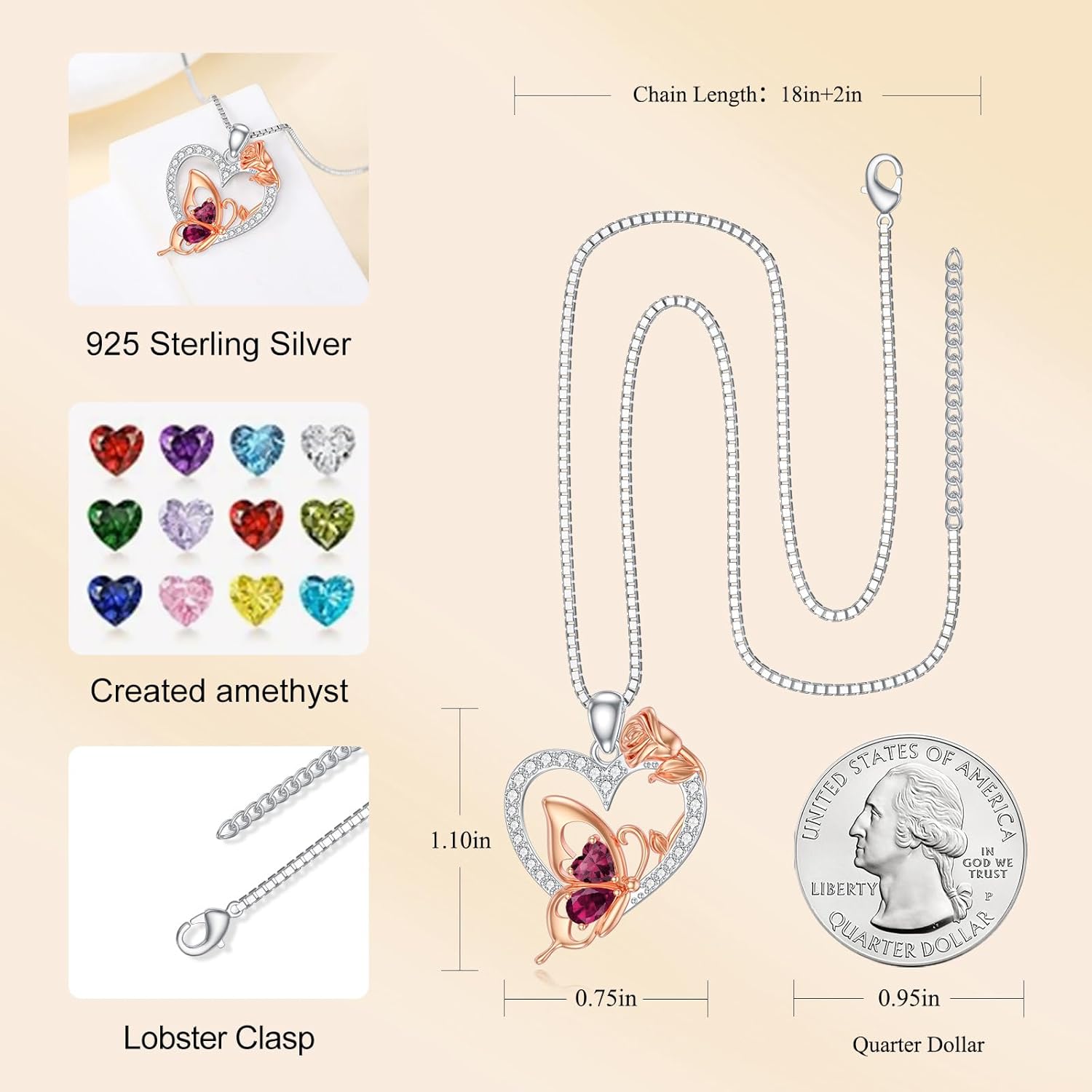 Dacc & Aya Butterfly Heart Necklace for Women 925 Silver Crystal Birthstone Zircon Pendant Jewelry for Mom Friends Girlfriend Birthday Memorial Present - Image 4