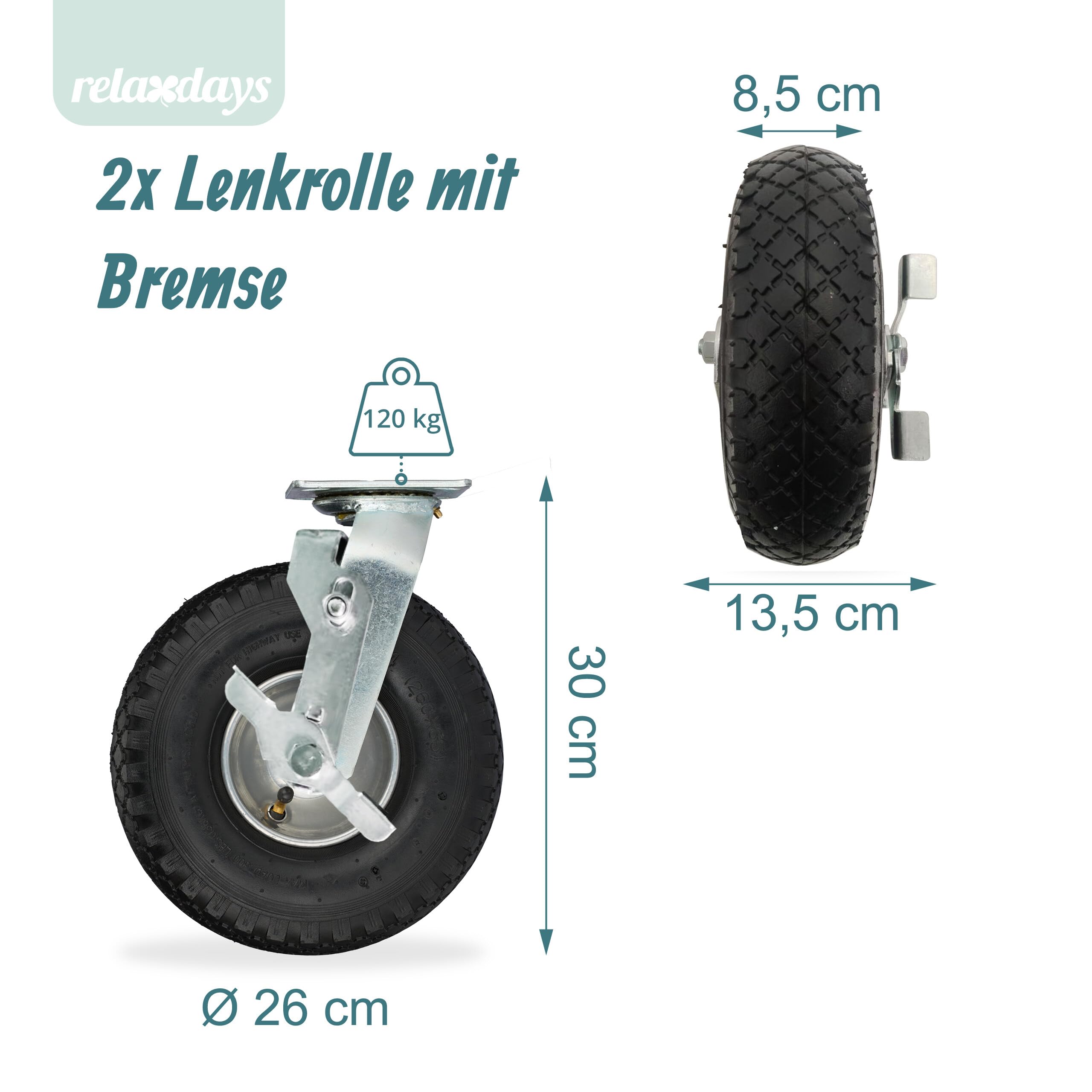 Relaxdays Lenkrollen 4er Set, luftbereift, 3.00-4, Schwerlastrollen, Platte zum Anschrauben, bis 480 kg, schwarz/Silber