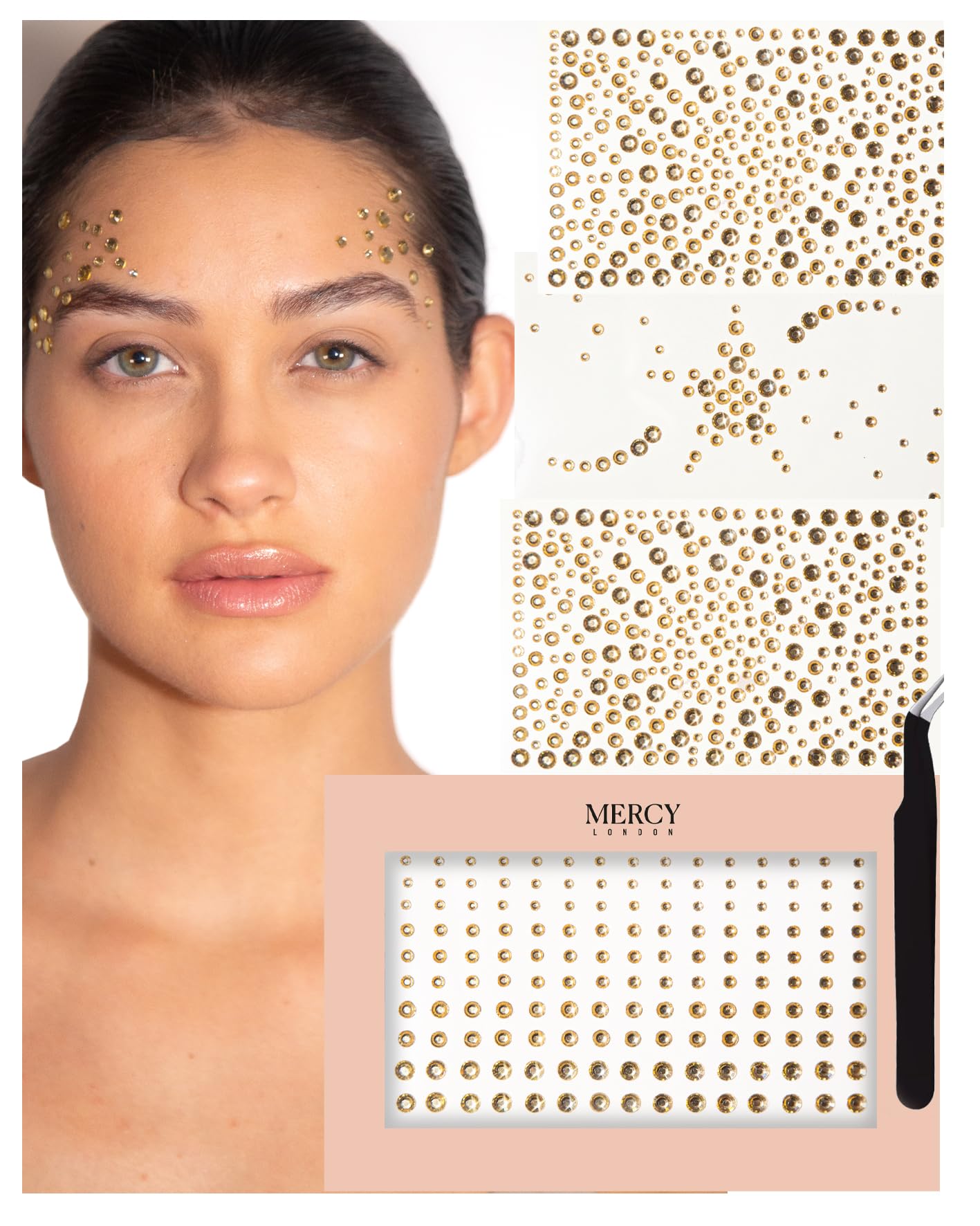 Mercy London Gold Face Gems In For Makeup, Self Adhesive Rhinestone Stickers For Face, Eye, Makeup, Body, Diy Face Gems