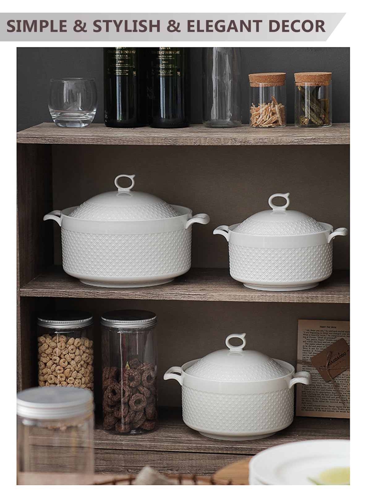 Soupière créamique blanche avec couvercles, grand bol de service à soupe en porcelaine avec poignée, passe au micro-ondes, au lave-vaisselle et au four 3,6 l