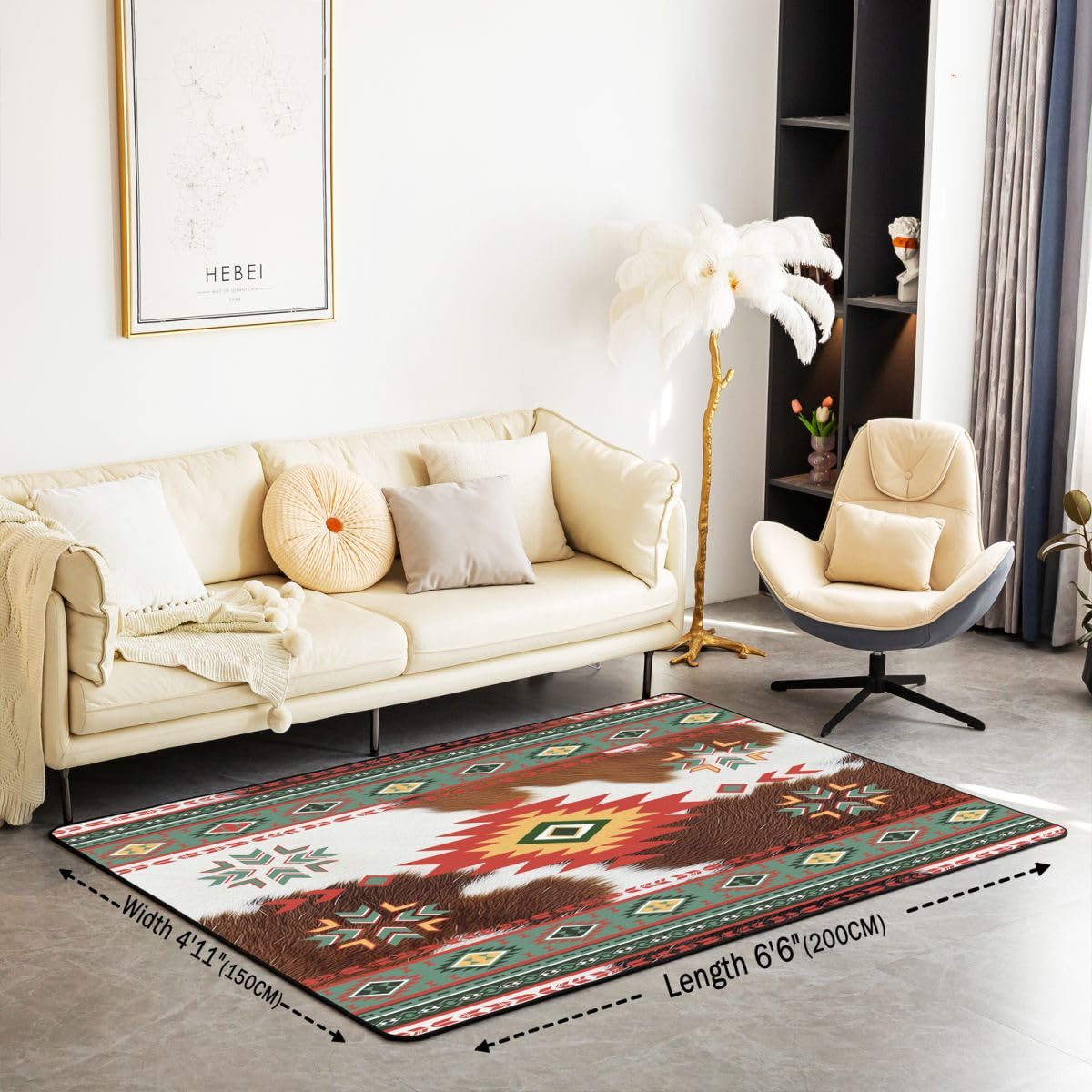 Homewish Aztecki diamentowy trójkątny dywan 100 x 150 cm - Boho skóra bydlęca zachodni dywan do salonu styl Navajo nie gubi włosia dywan południowo-zachodnia etniczna sztuka plemienna duże dywany